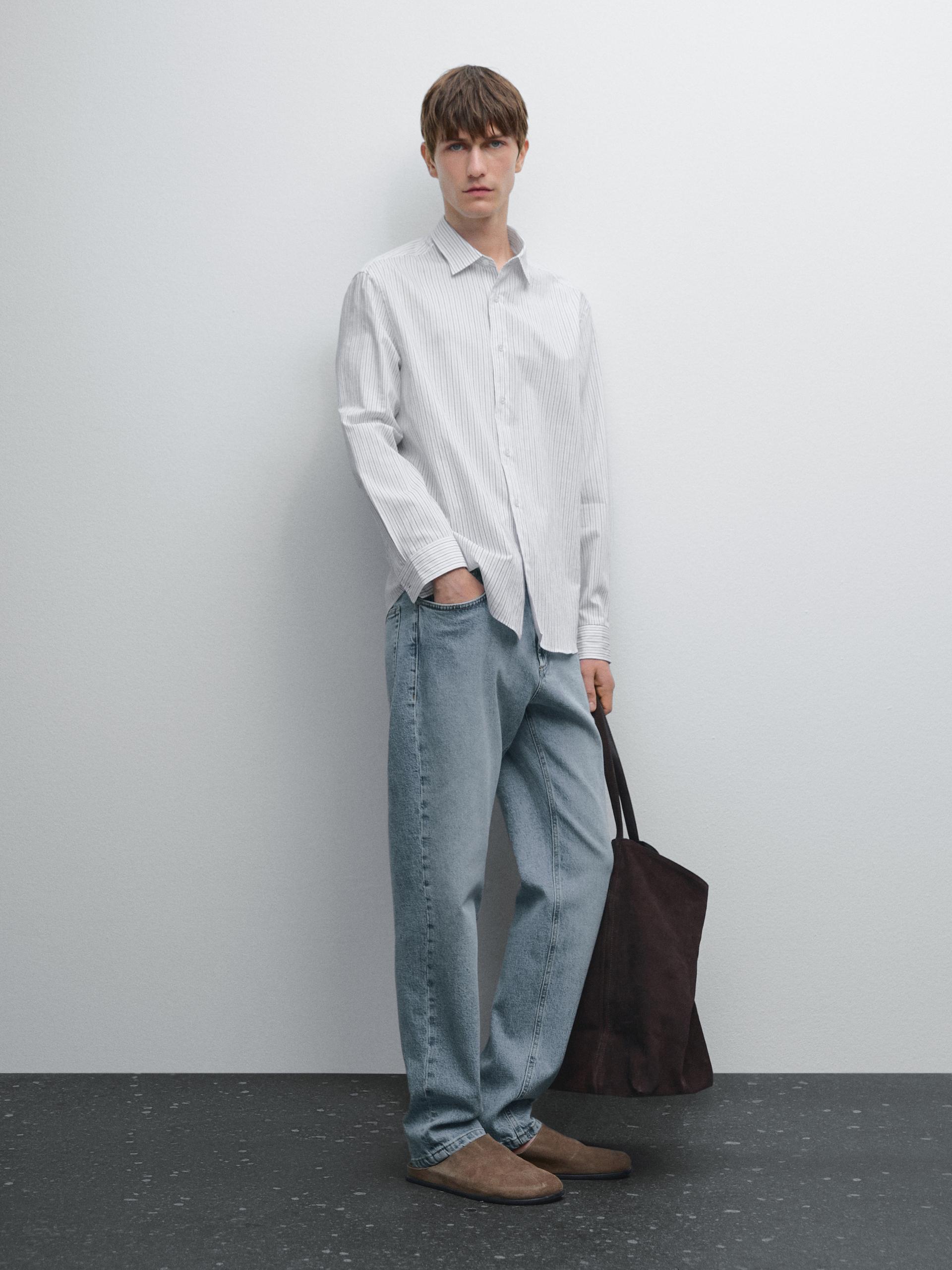 Chemise Regular Fit À Rayures En Coton Mélangé - Blanc - L - Massimo Dutti - Homme