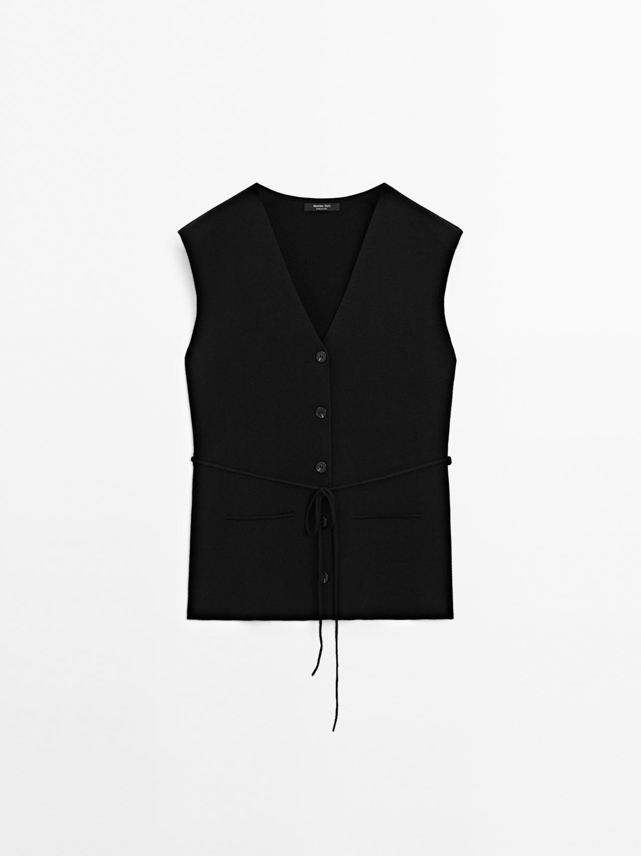 Massimo Dutti - Dame - Strikket Vest Med V-Udskæring - Sort - L