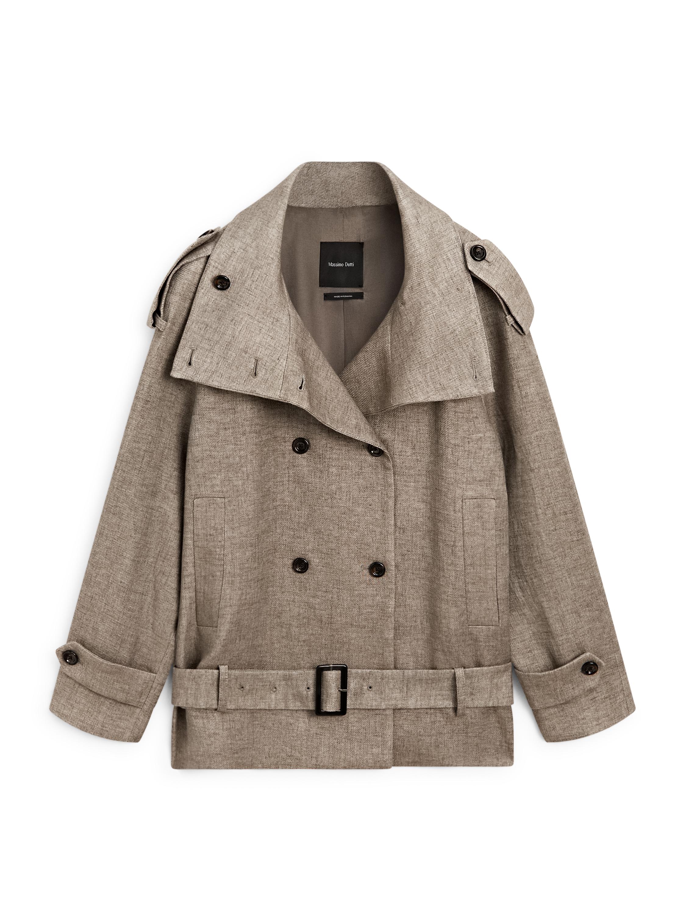 Linen melange high neck trench coat — TAUPE GREY