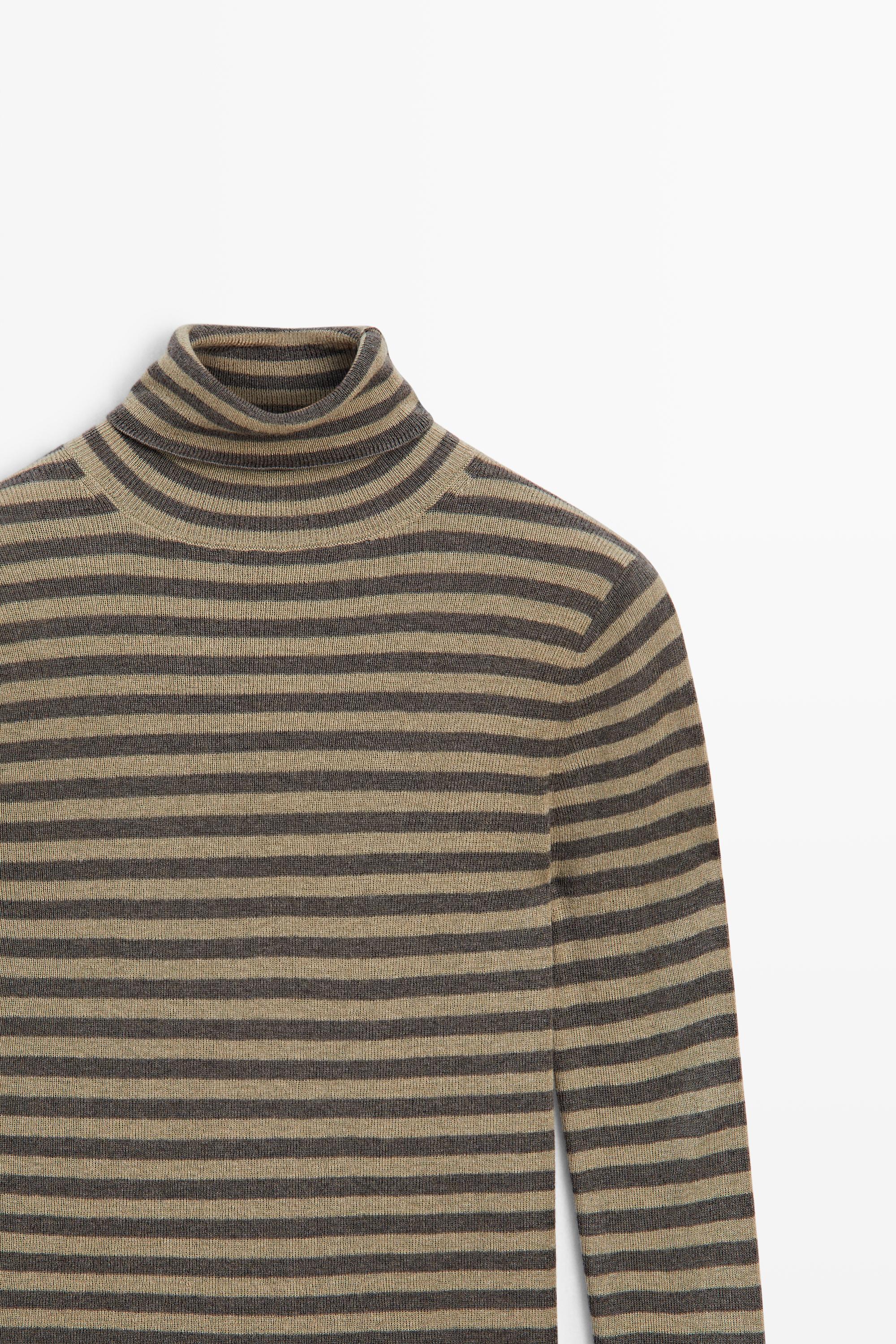 Striped turtleneck knit sweater — MOLE BROWN