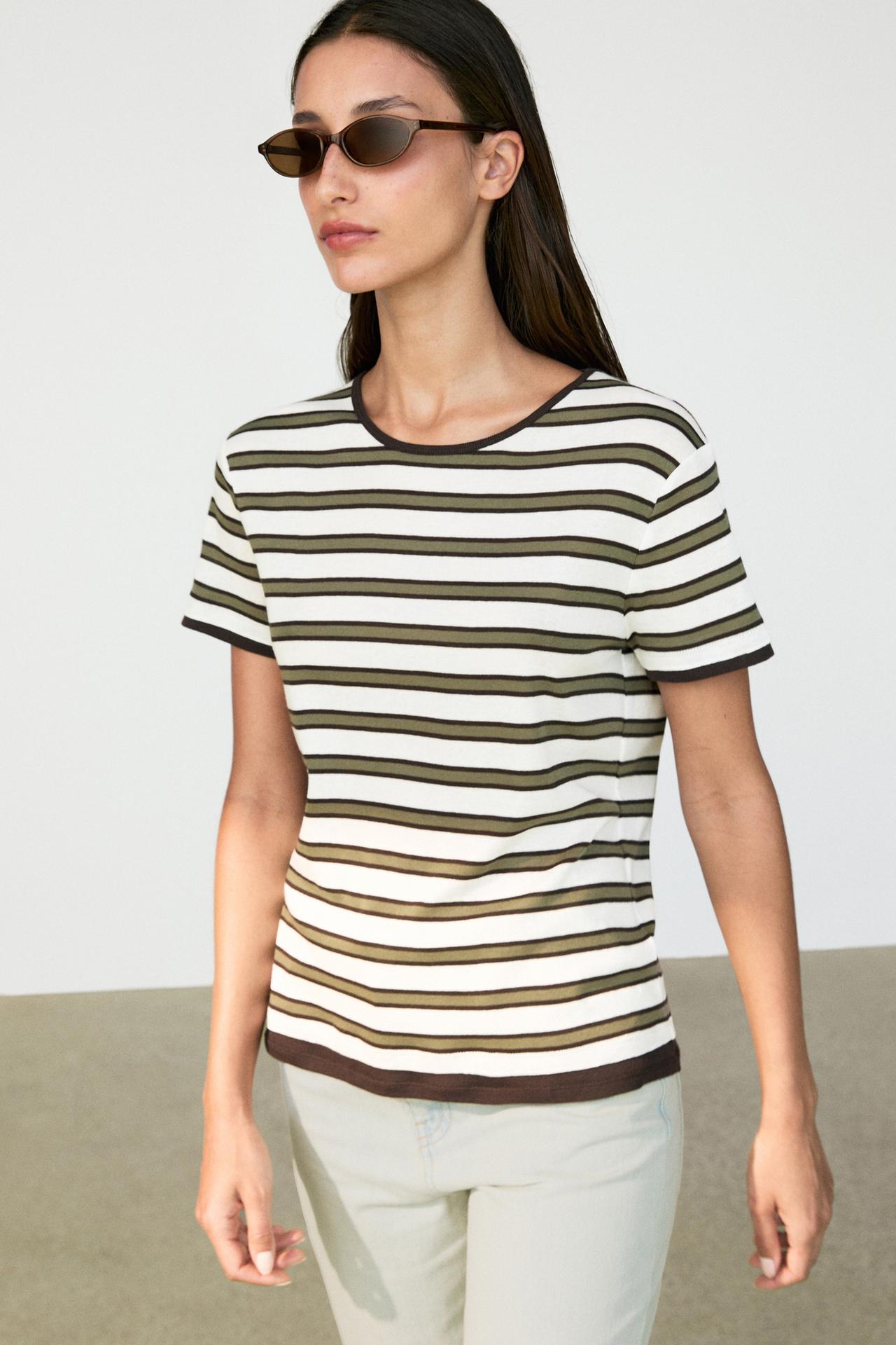 100% cotton short sleeve striped T-shirt — KHAKI