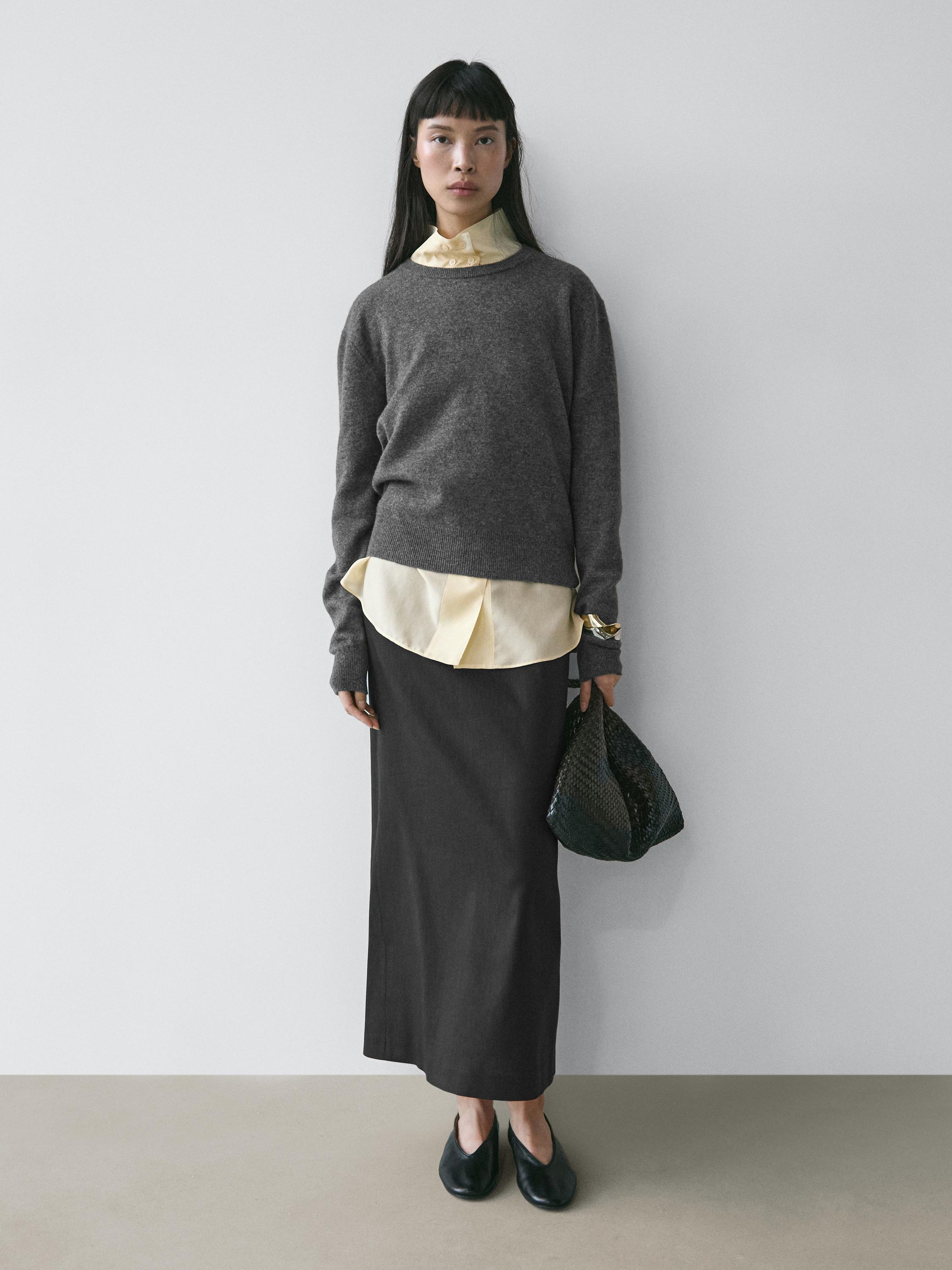 Straight linen blend midi skirt