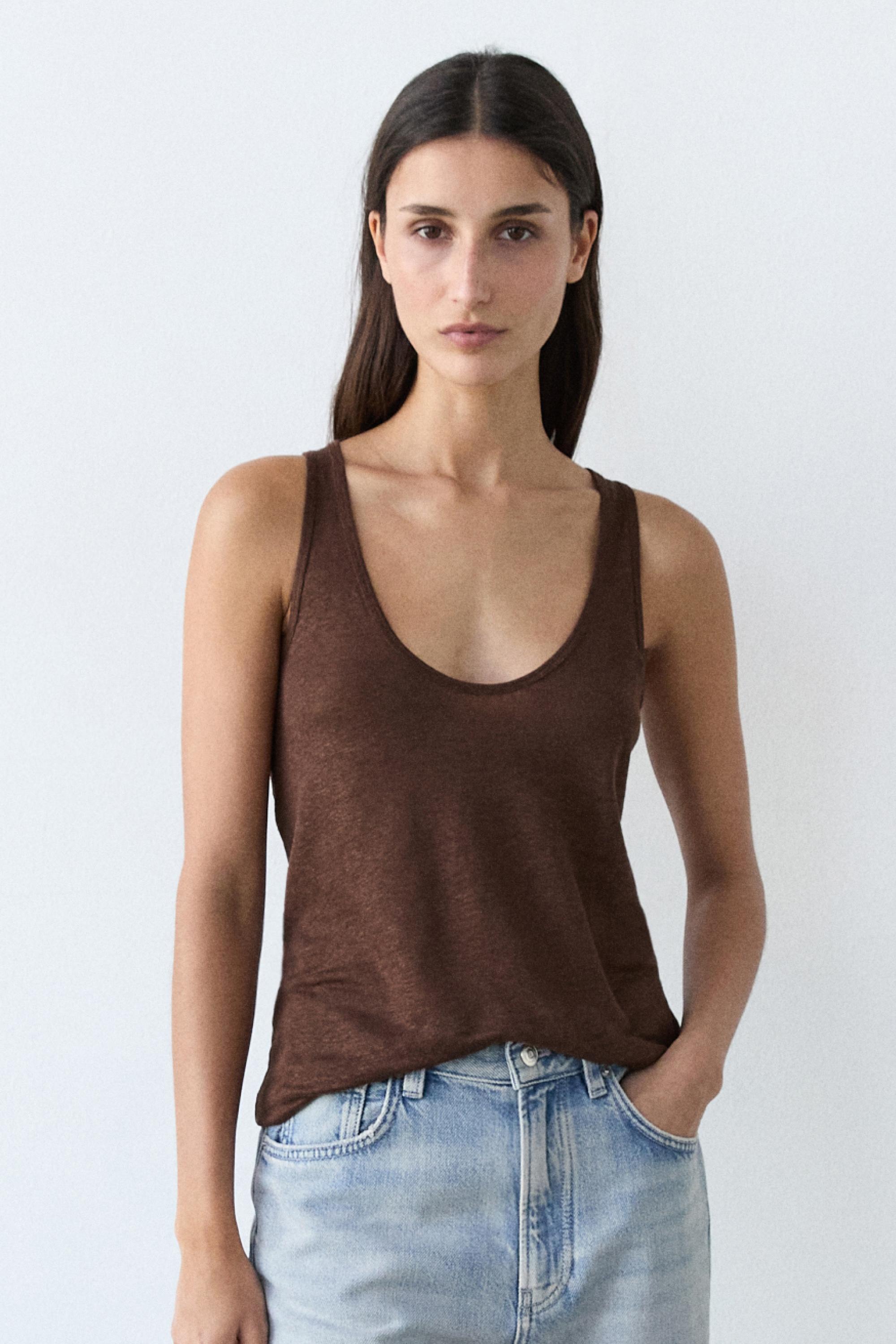 100% linen strappy top — Chocolate