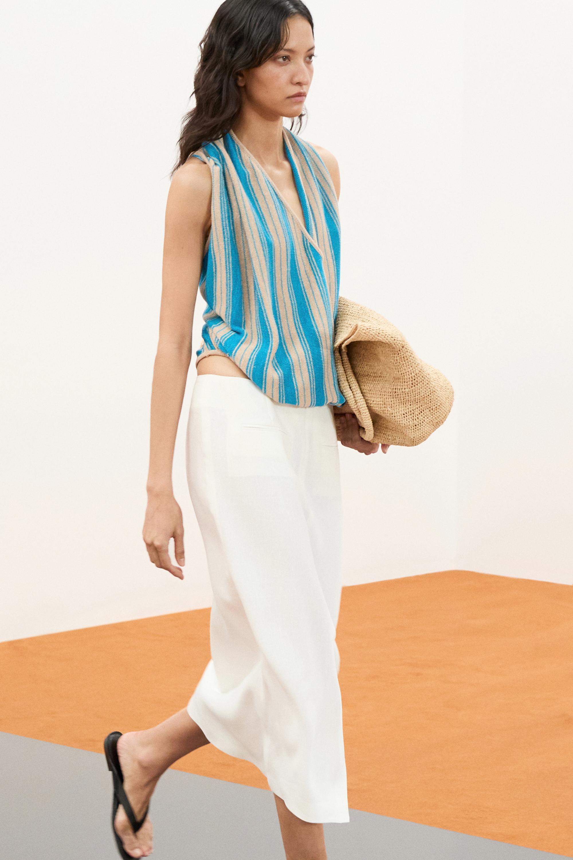 Striped linen blend surplice top — TURQUOISE