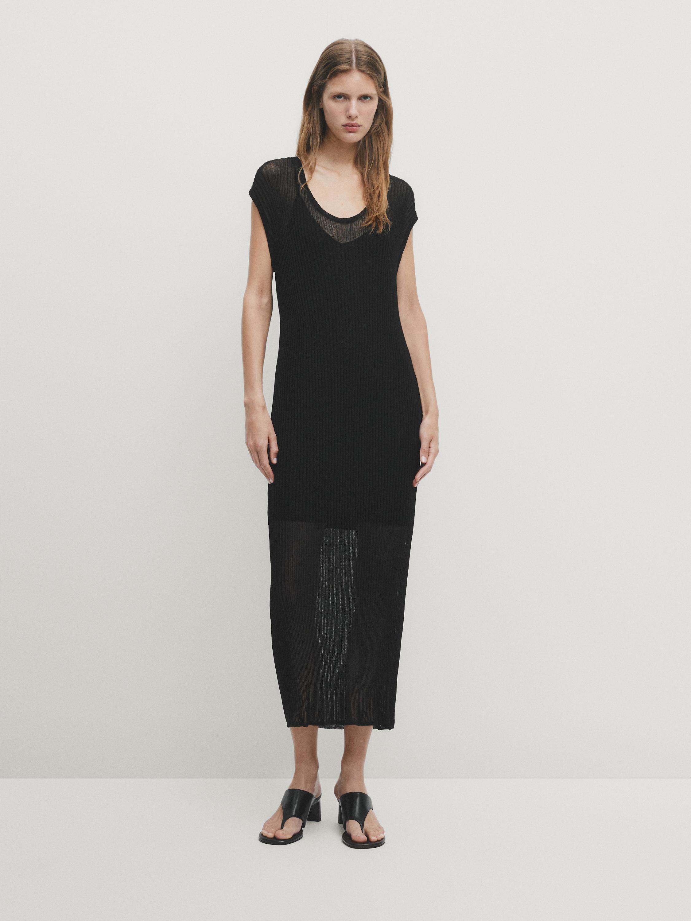 Short sleeve open knit midi dress