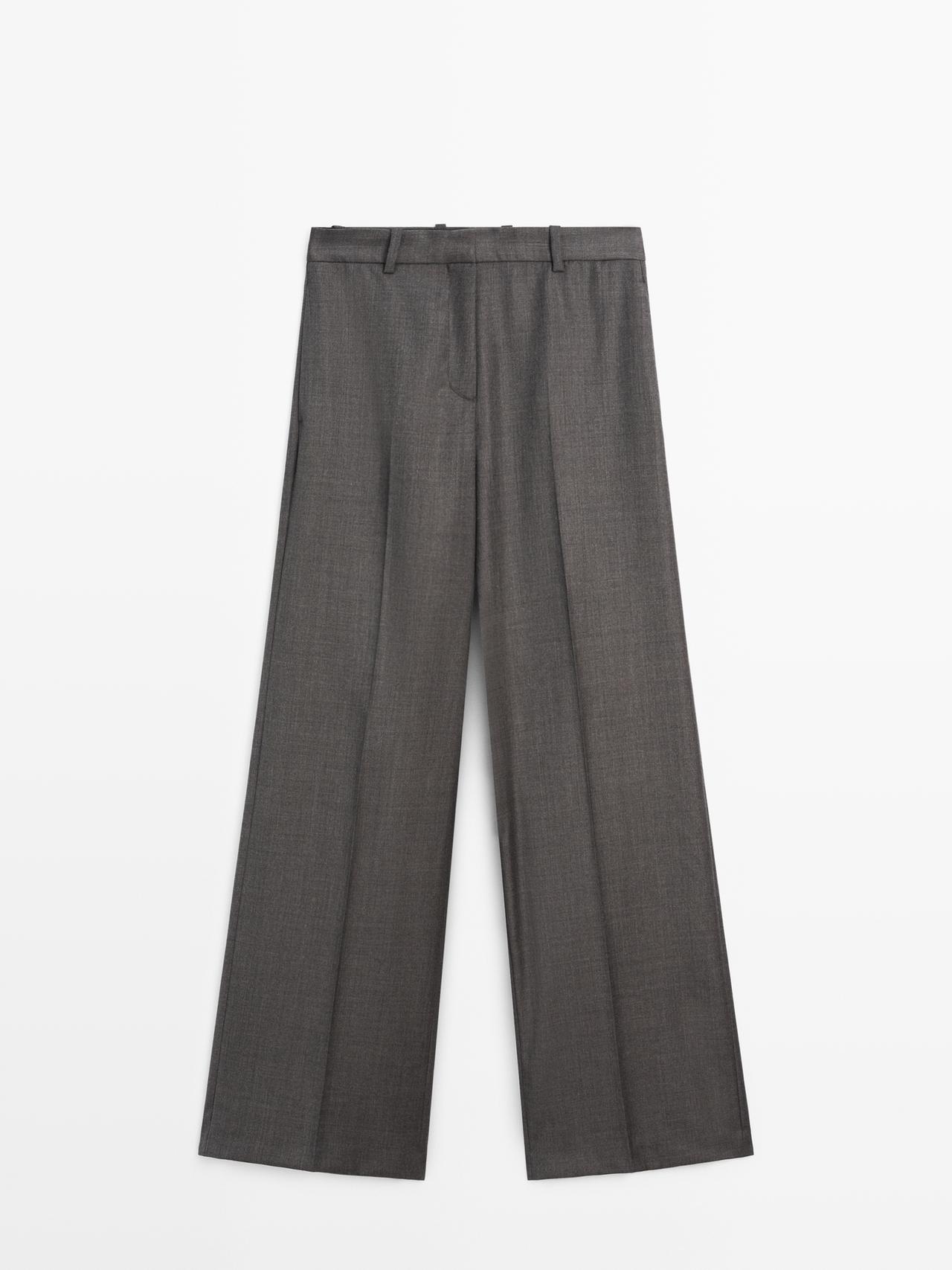 Massimo Dutti - Dame - Habitbukser I 100 % Uld Med Brede Ben - Brun - 34
