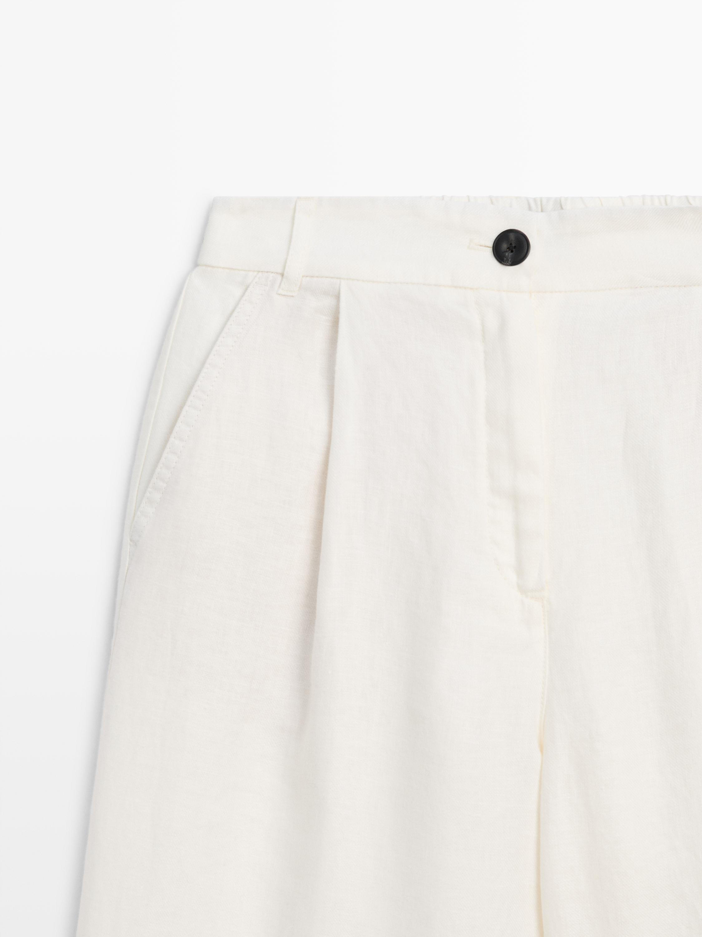 100% linen wide-leg elasticated trousers — Off white