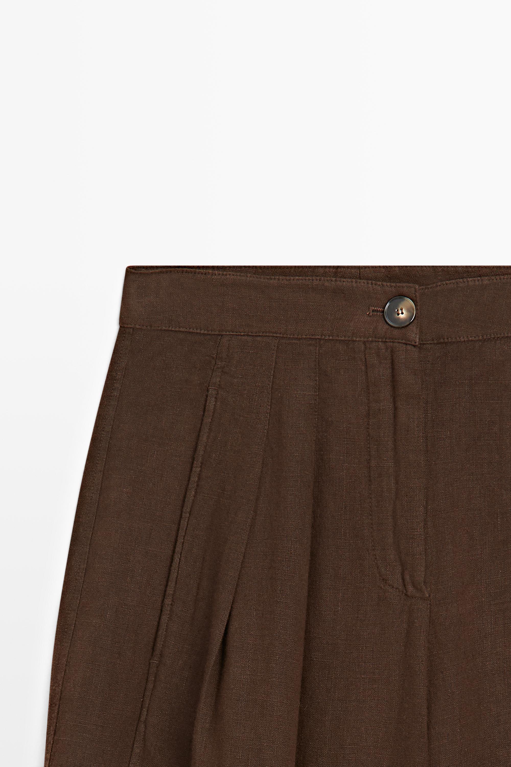 100% linen wide-leg pleated trousers — BROWN
