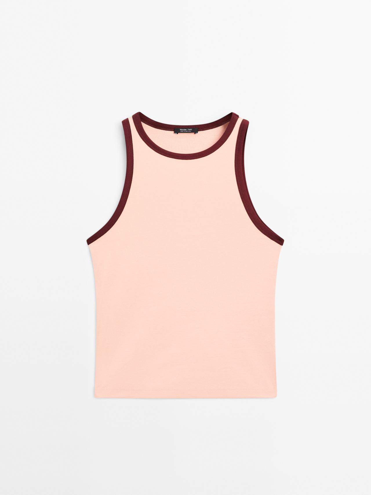 Massimo Dutti - Dame - Halternecktop I 100 % Bomuld Med Kontrastdetalje - Lyserød - L