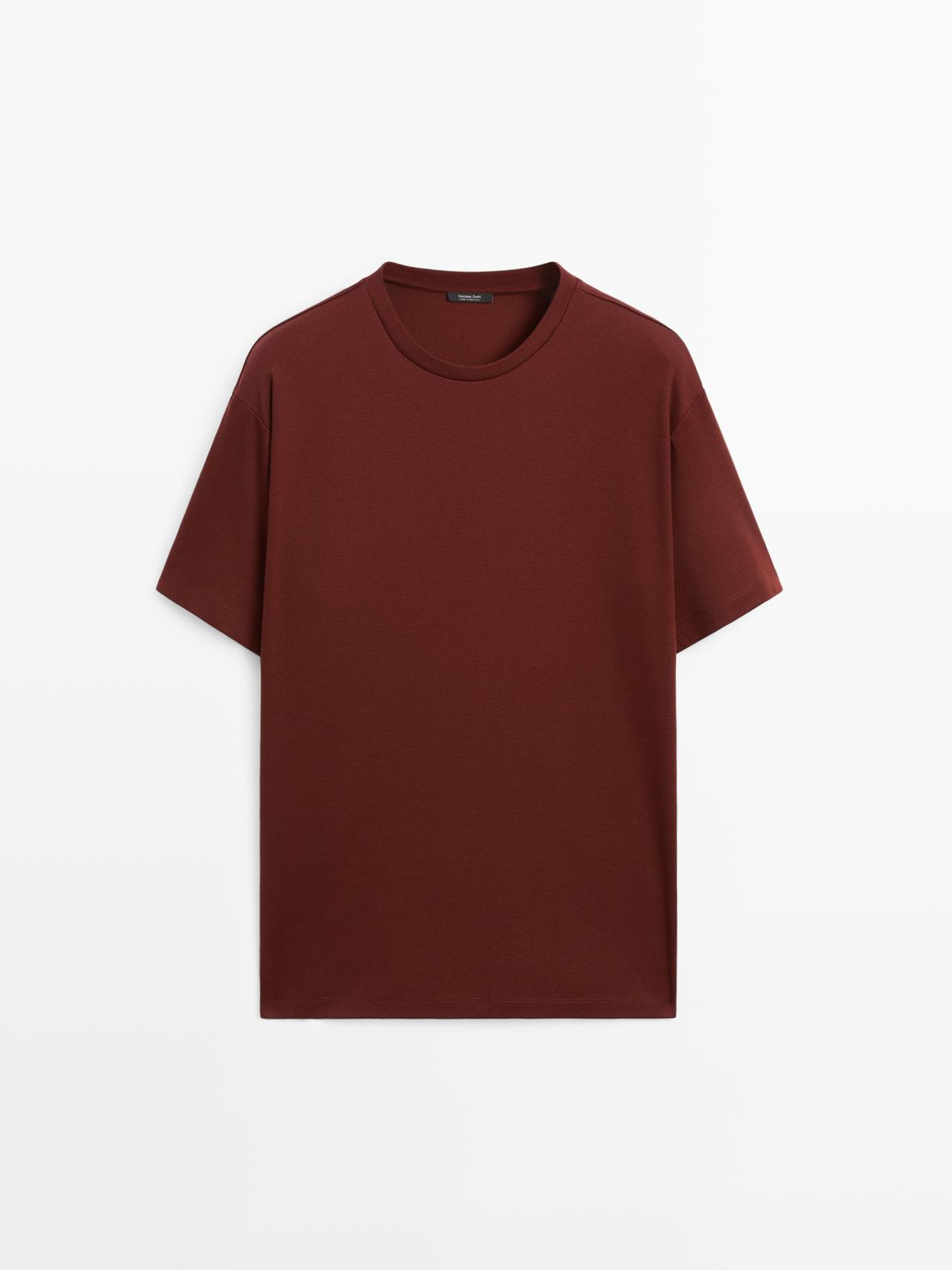 Massimo Dutti - Herre - T-Shirt I 100 % Merceriseret Bomuld - Granatrød - Xl