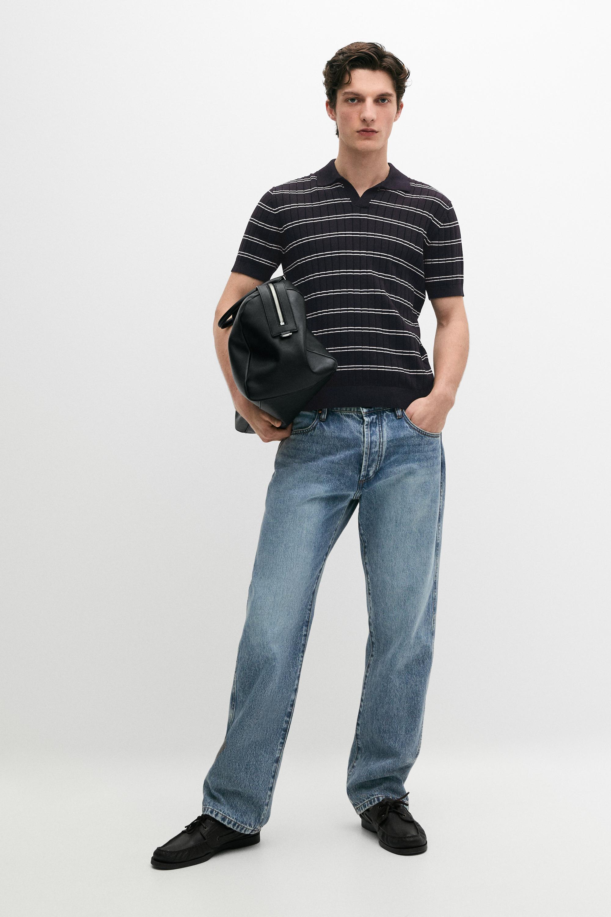 Striped cotton knit polo shirt — NAVY BLUE
