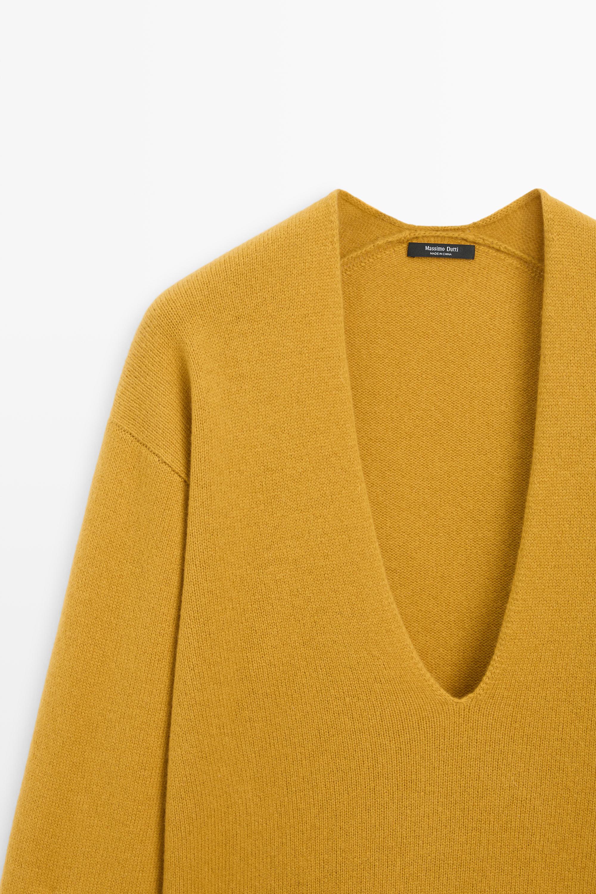 Long-line knit sweater with neckline detail — MUSTARD YELLOW