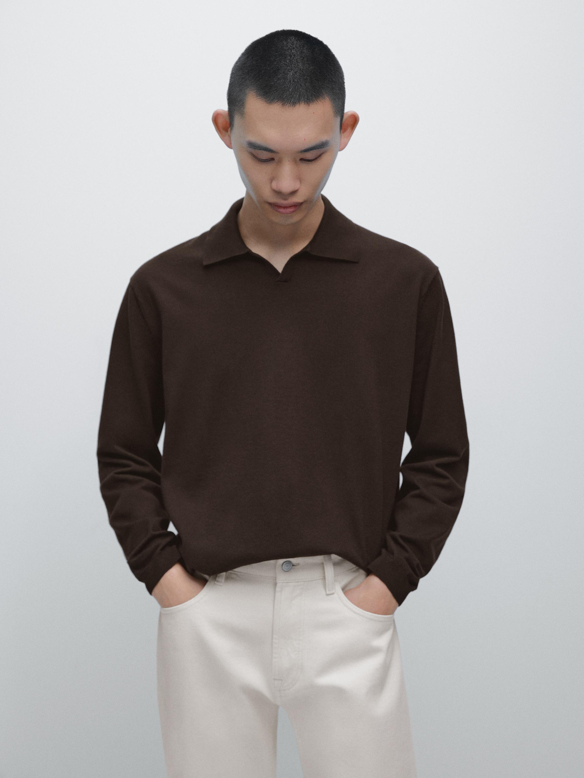 Cotton knit polo sweater — BROWN MARL