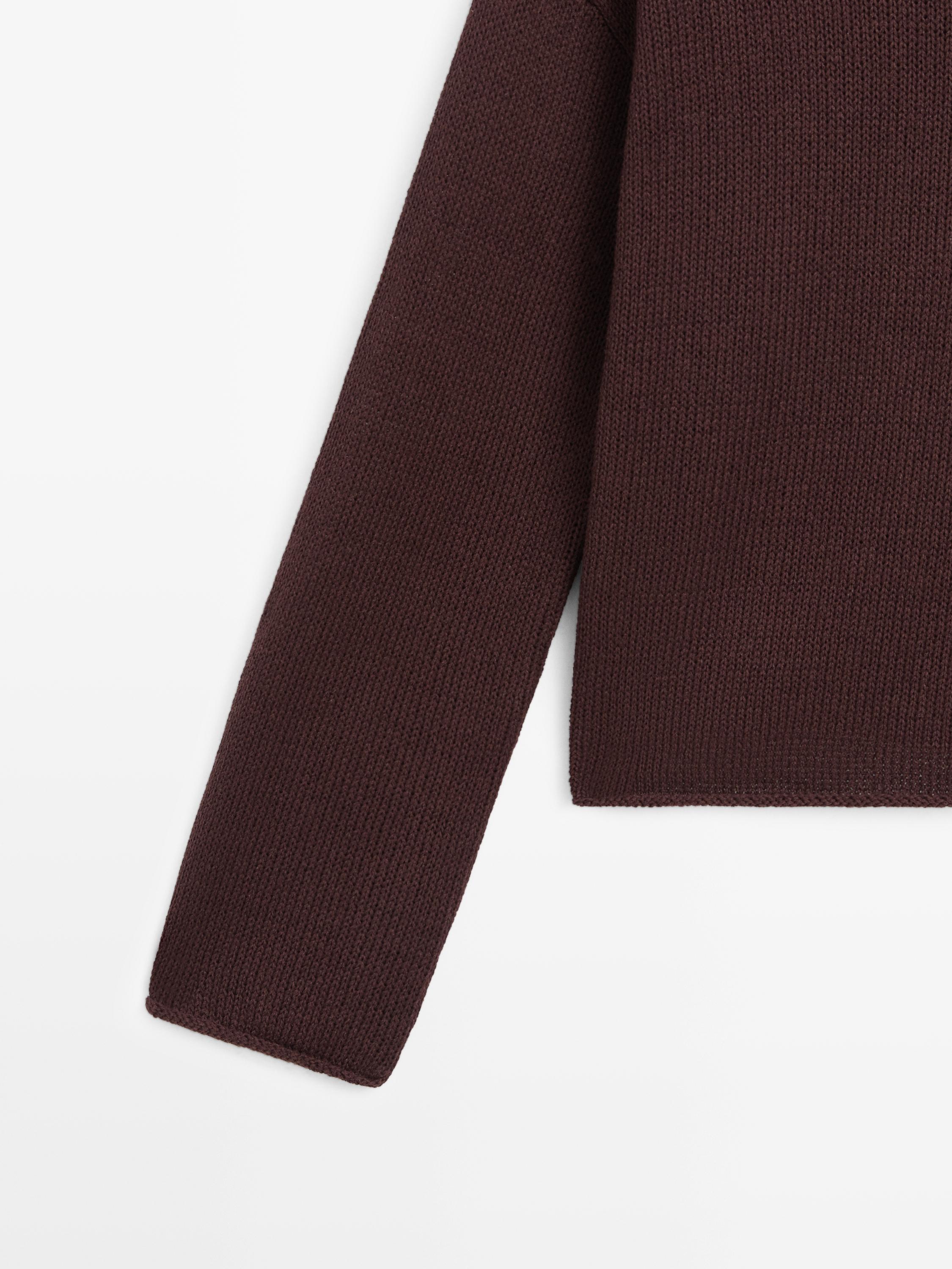 Cotton and linen knit sweater with pocket detail — BROWN