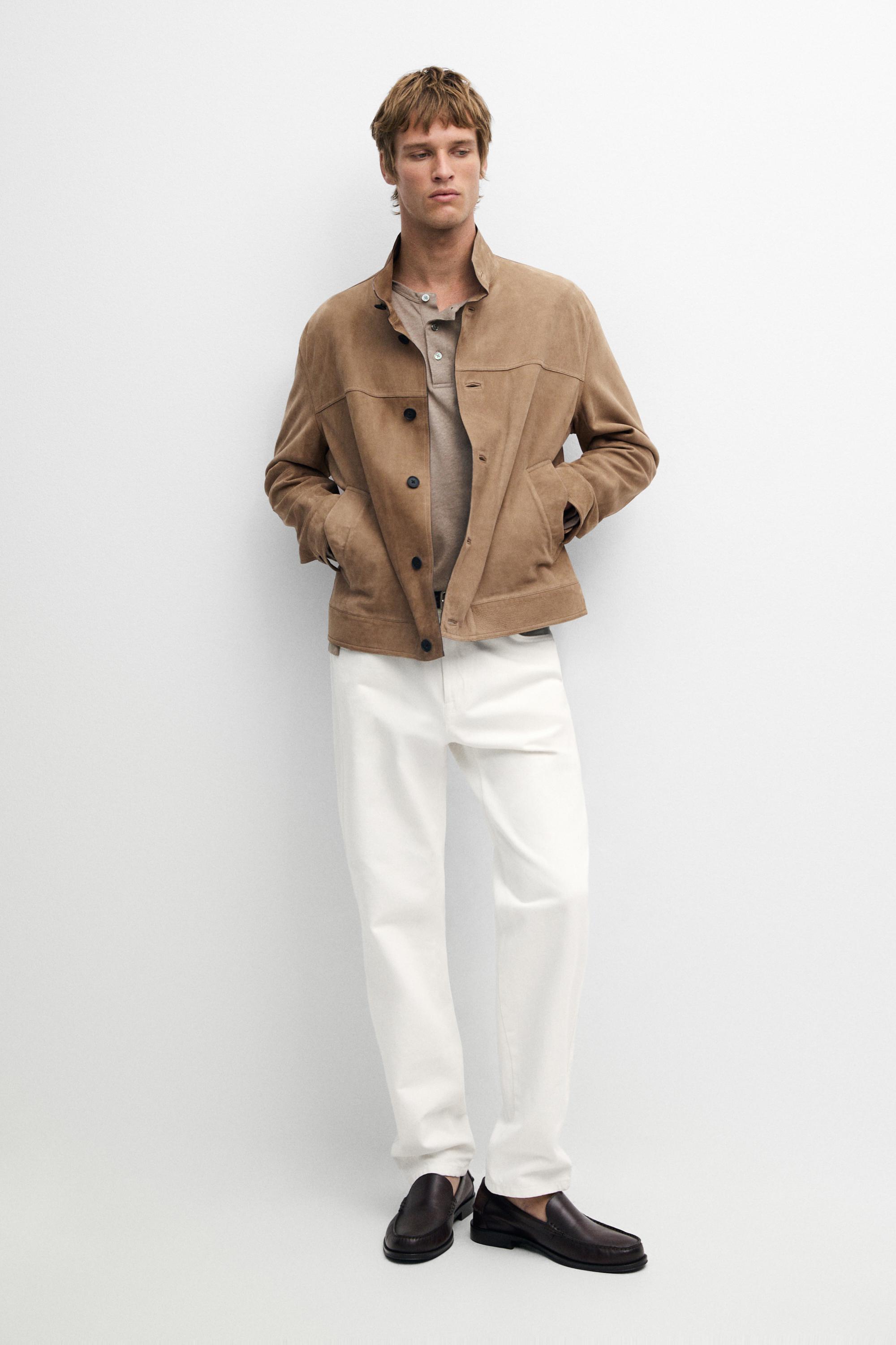 Nubuck leather jacket with stand-up collar — BEIGE