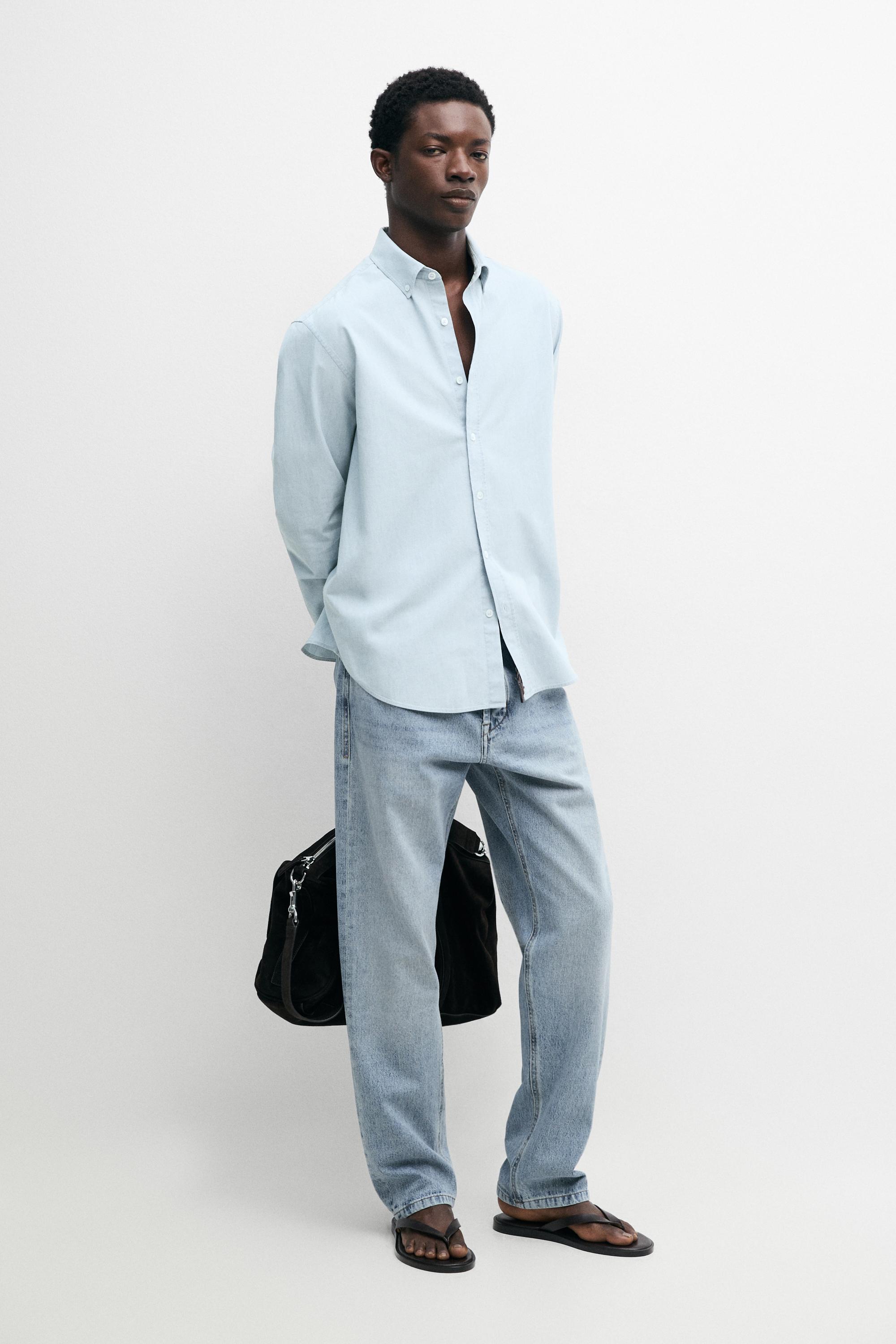 Slim fit 100% cotton denim shirt — SKY BLUE