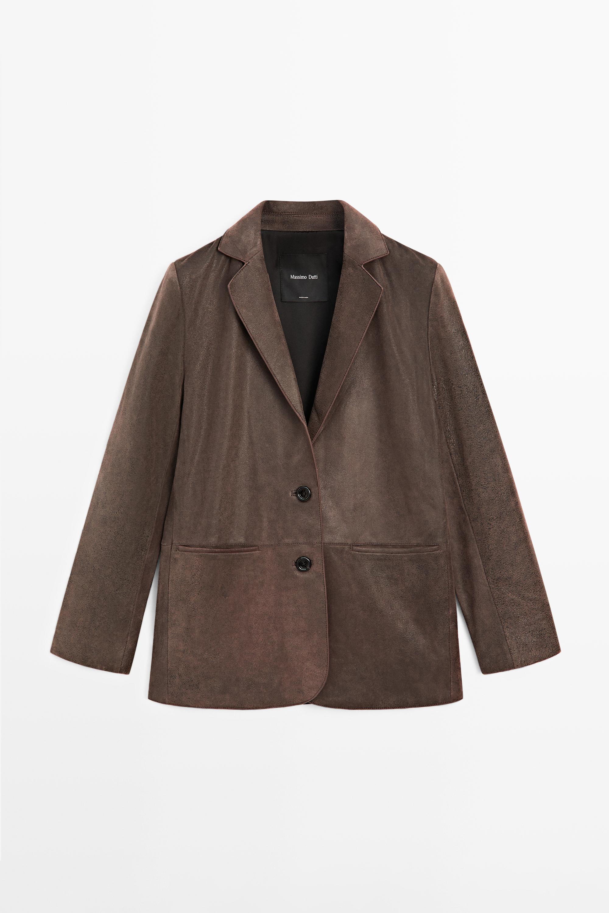 Suede leather blazer with lapel collar