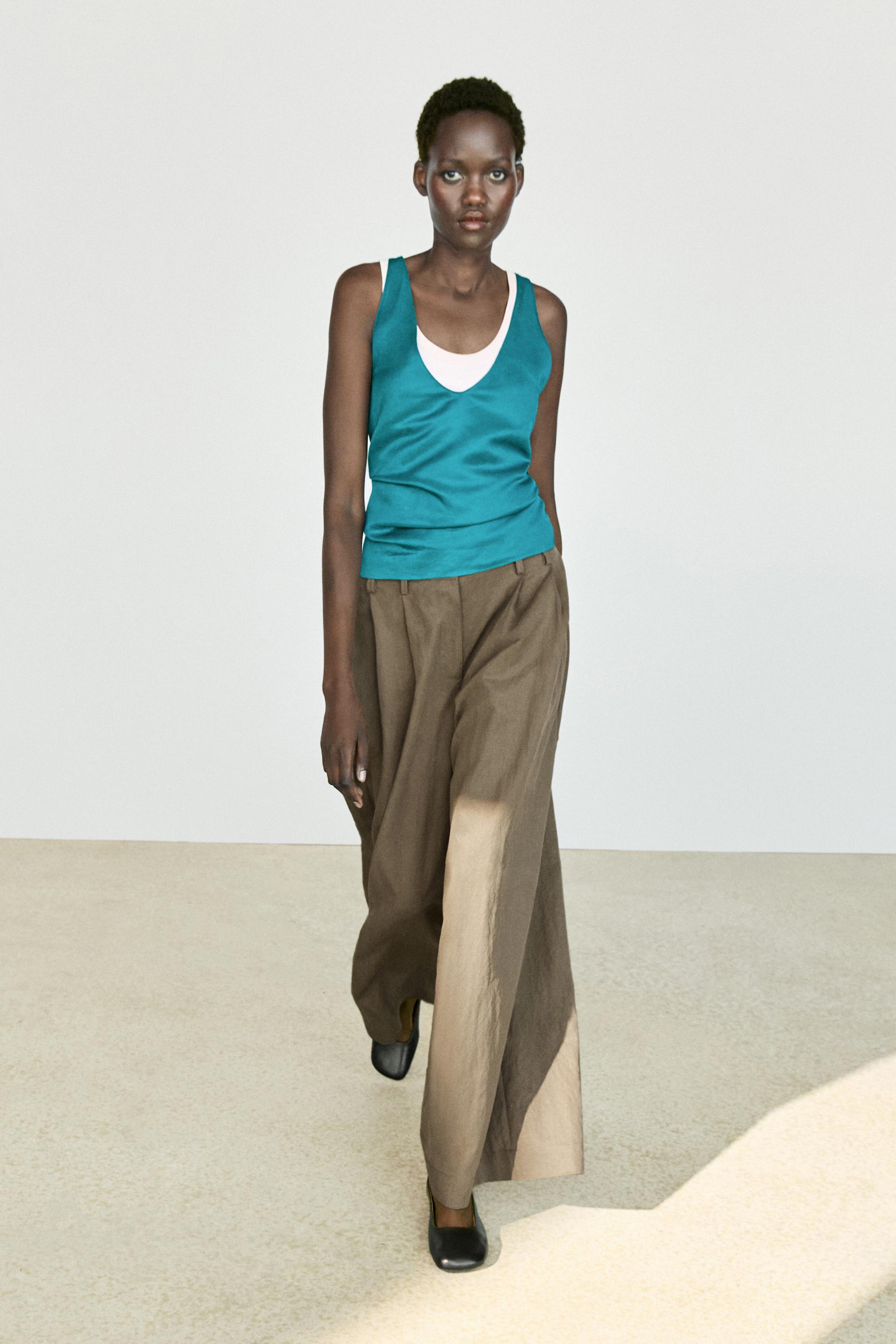Satin linen blend V-neck top — TURQUOISE
