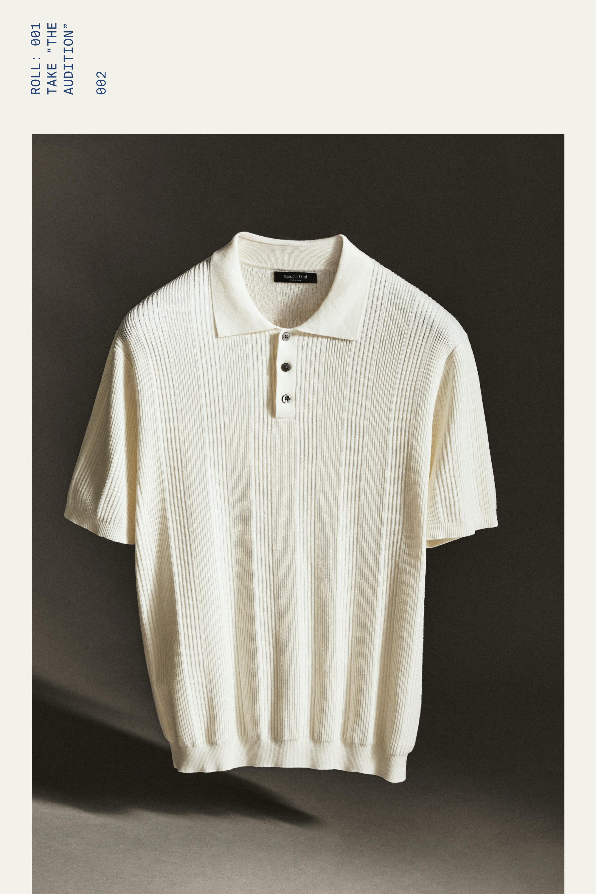 100% cotton textured striped knit polo shirt — CREAM