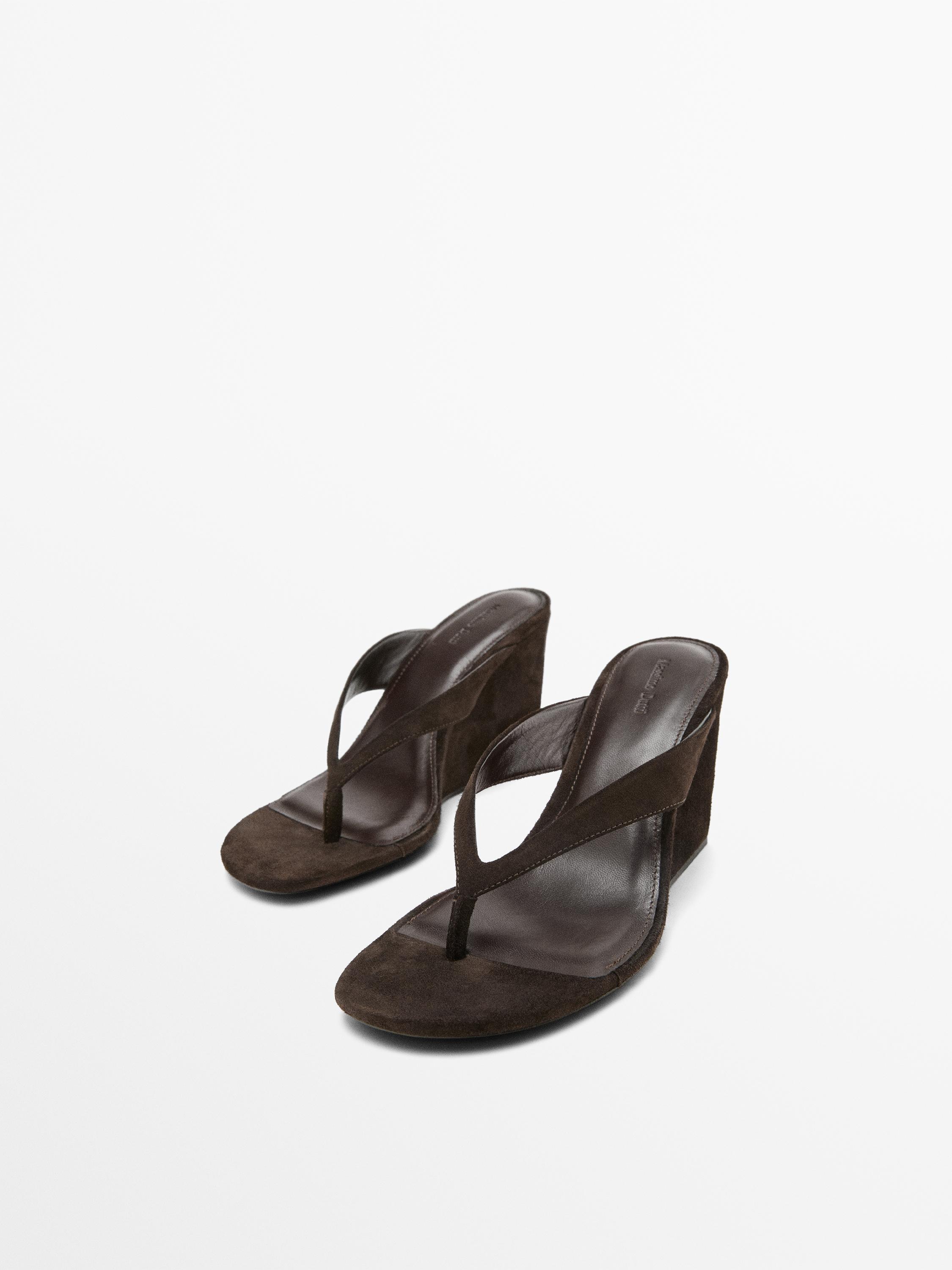 Split leather high-heel wedge sandals — BROWN