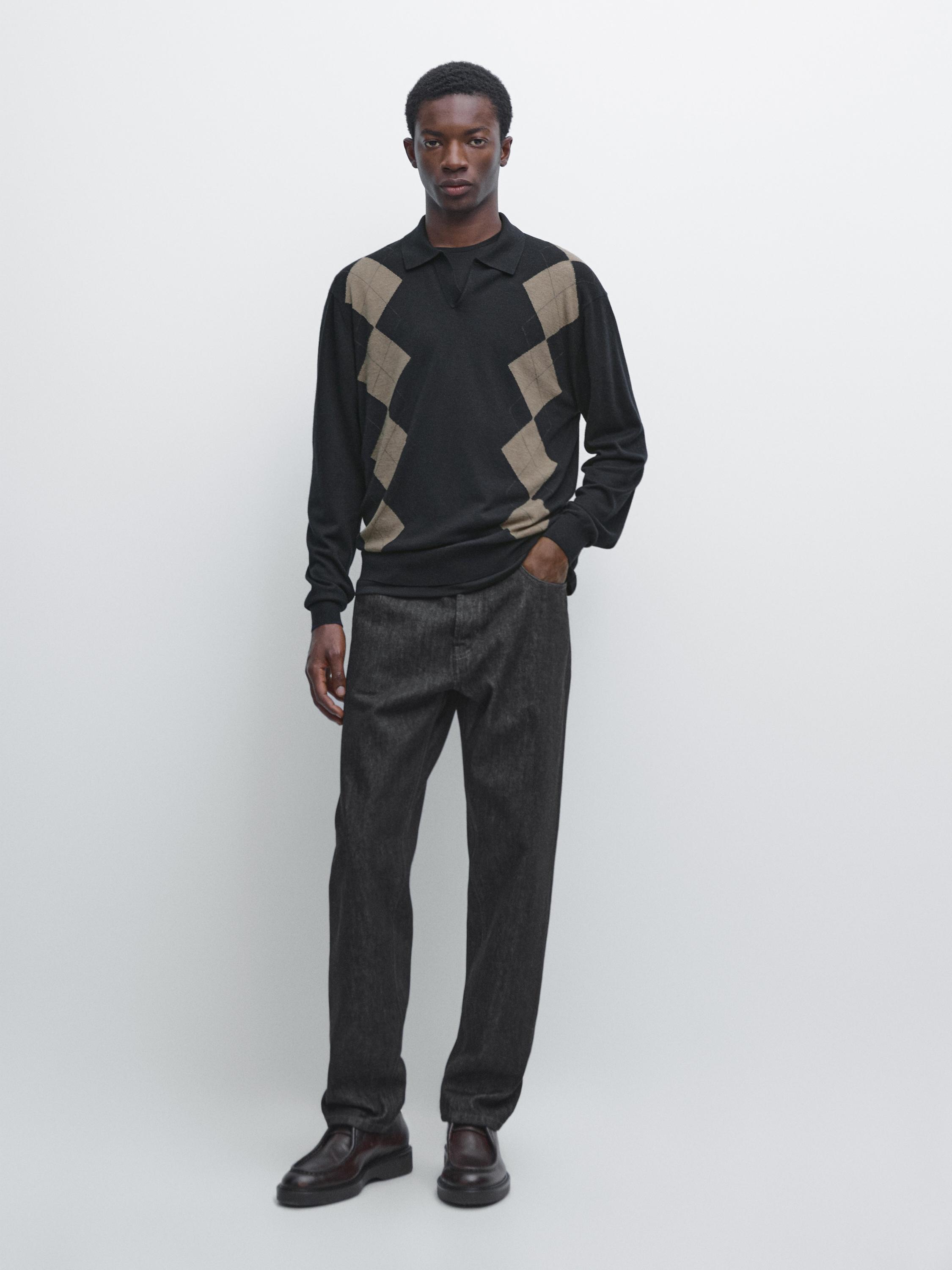 Wool blend argyle knit polo sweater — NAVY BLUE