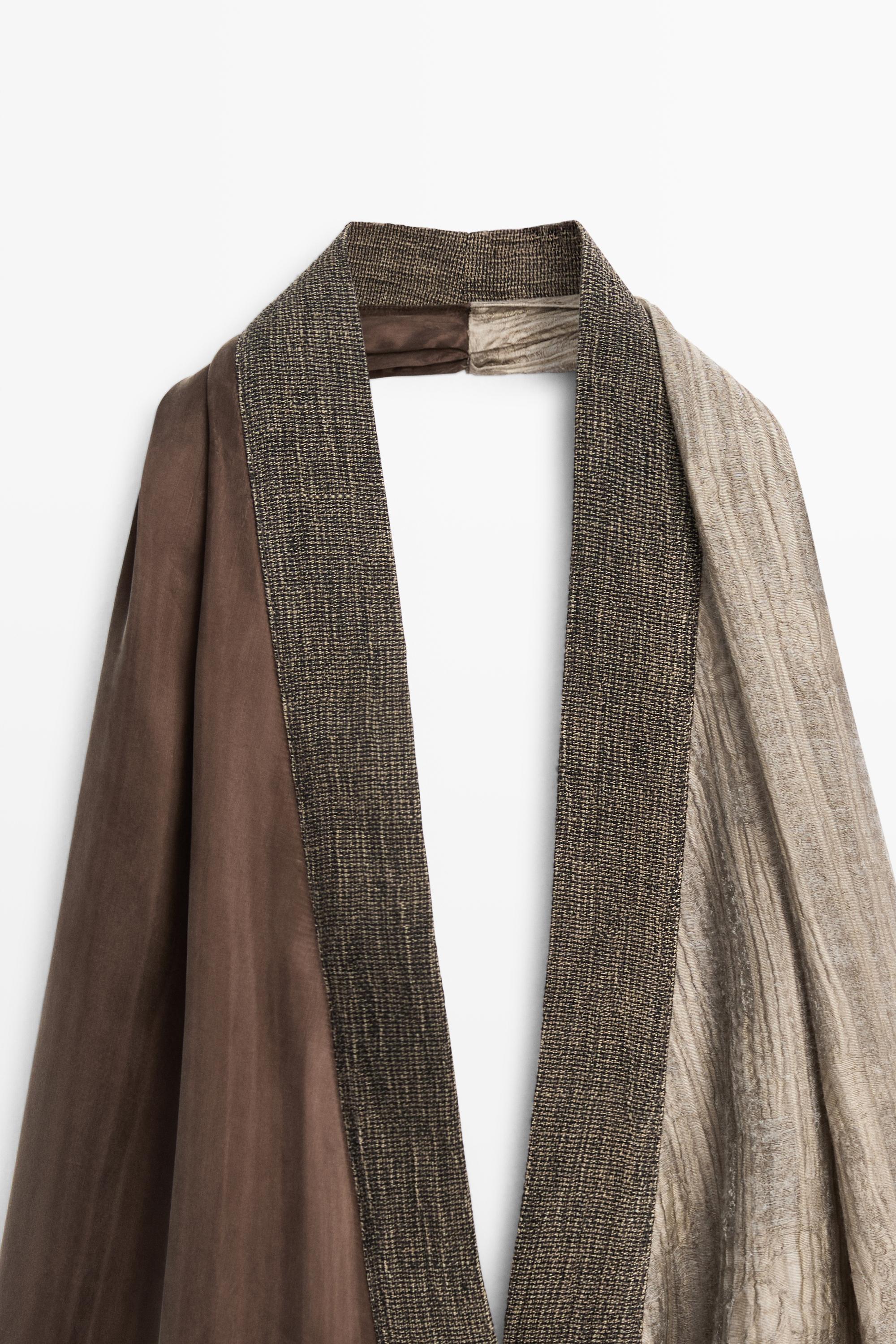 Flowing wrap top with mixed fabric detail — BROWN