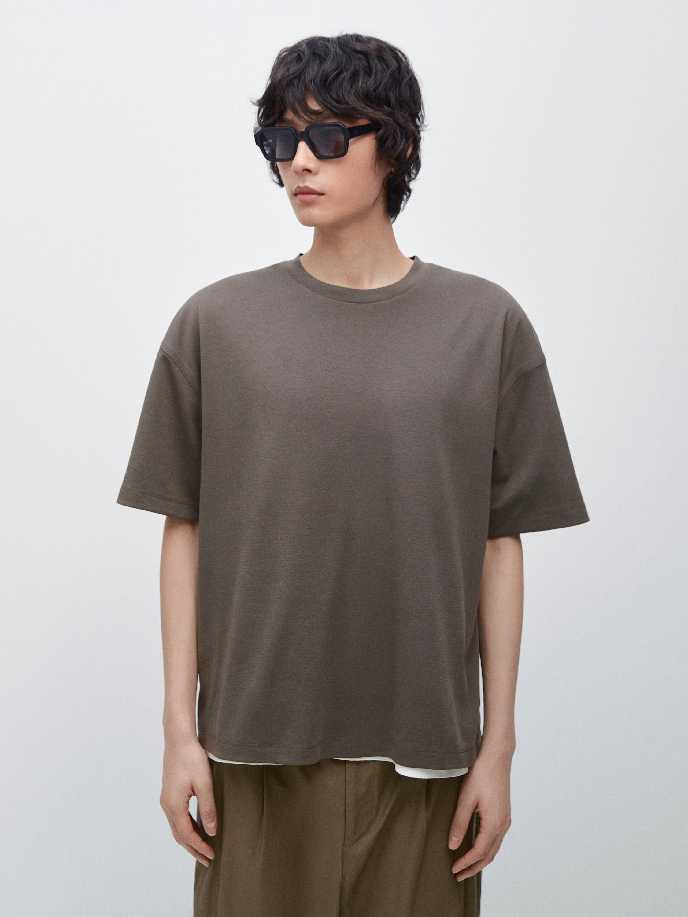 Boxy fit short sleeve cotton blend T-shirt — KHAKI
