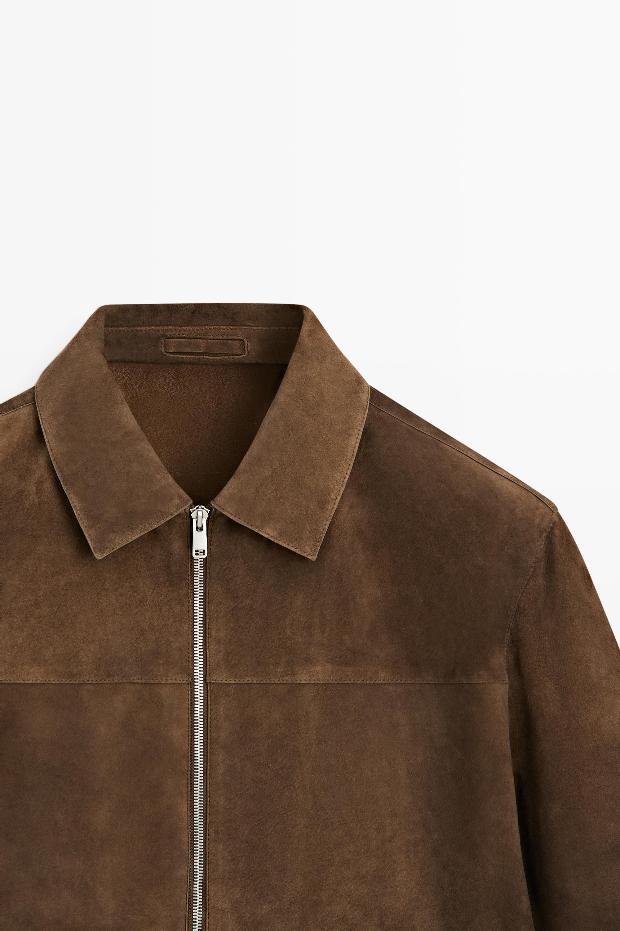 Suede leather zip-up jacket — BROWN MARL