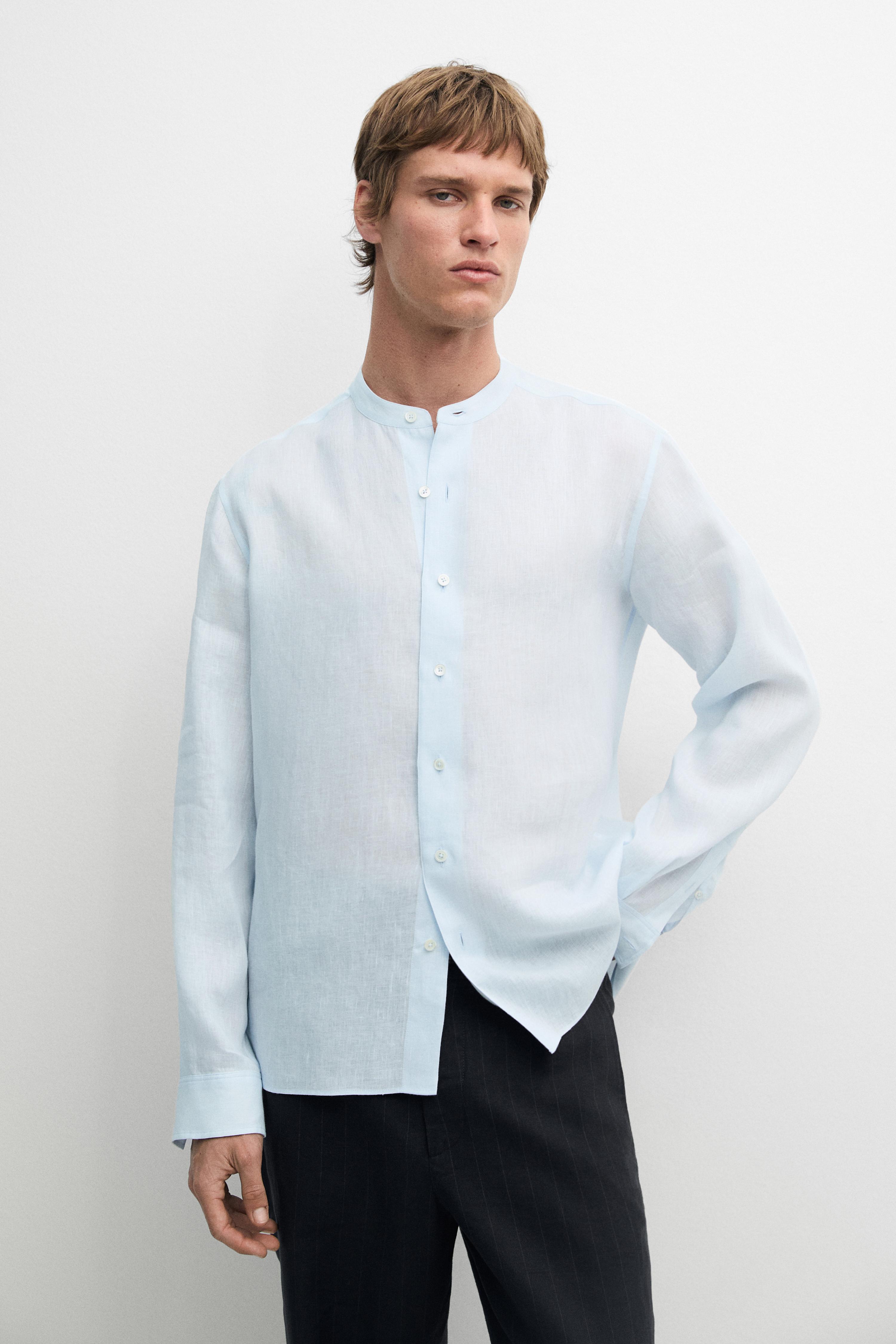 100% linen regular fit stand collar shirt — Sky blue