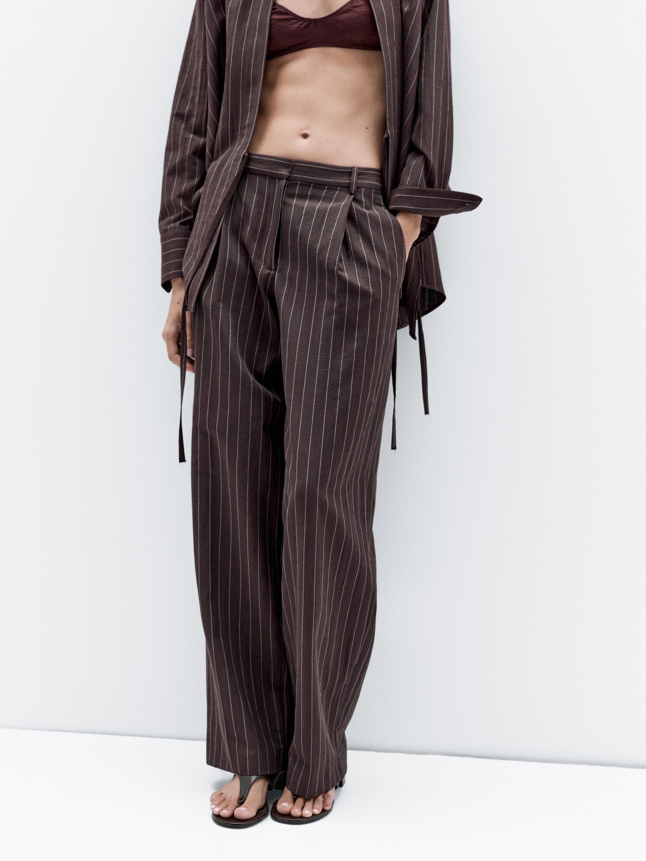 打褶細條紋長褲