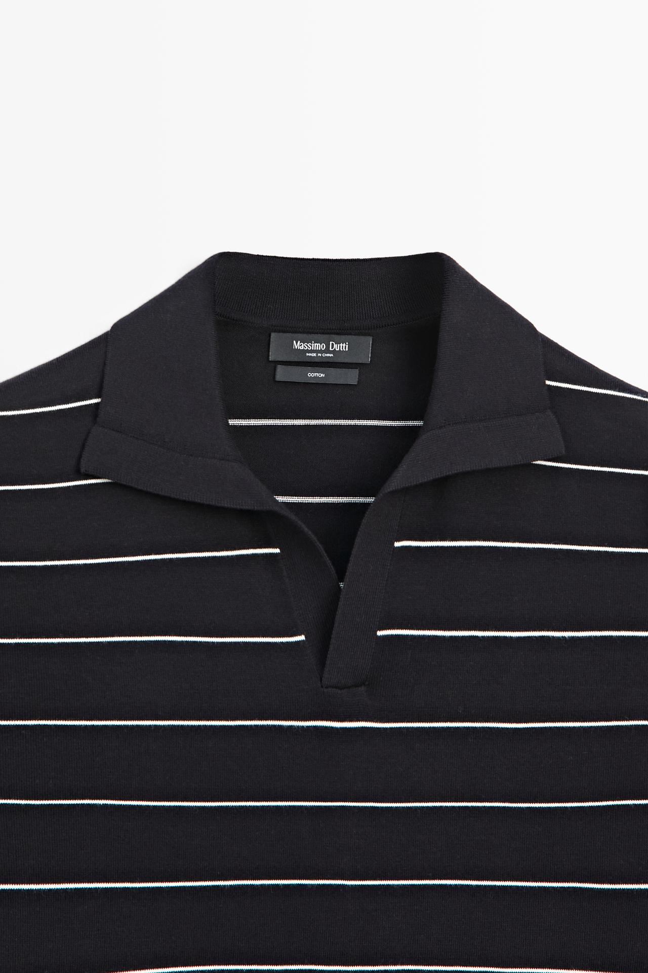 100% cotton striped knit polo sweater — NAVY BLUE