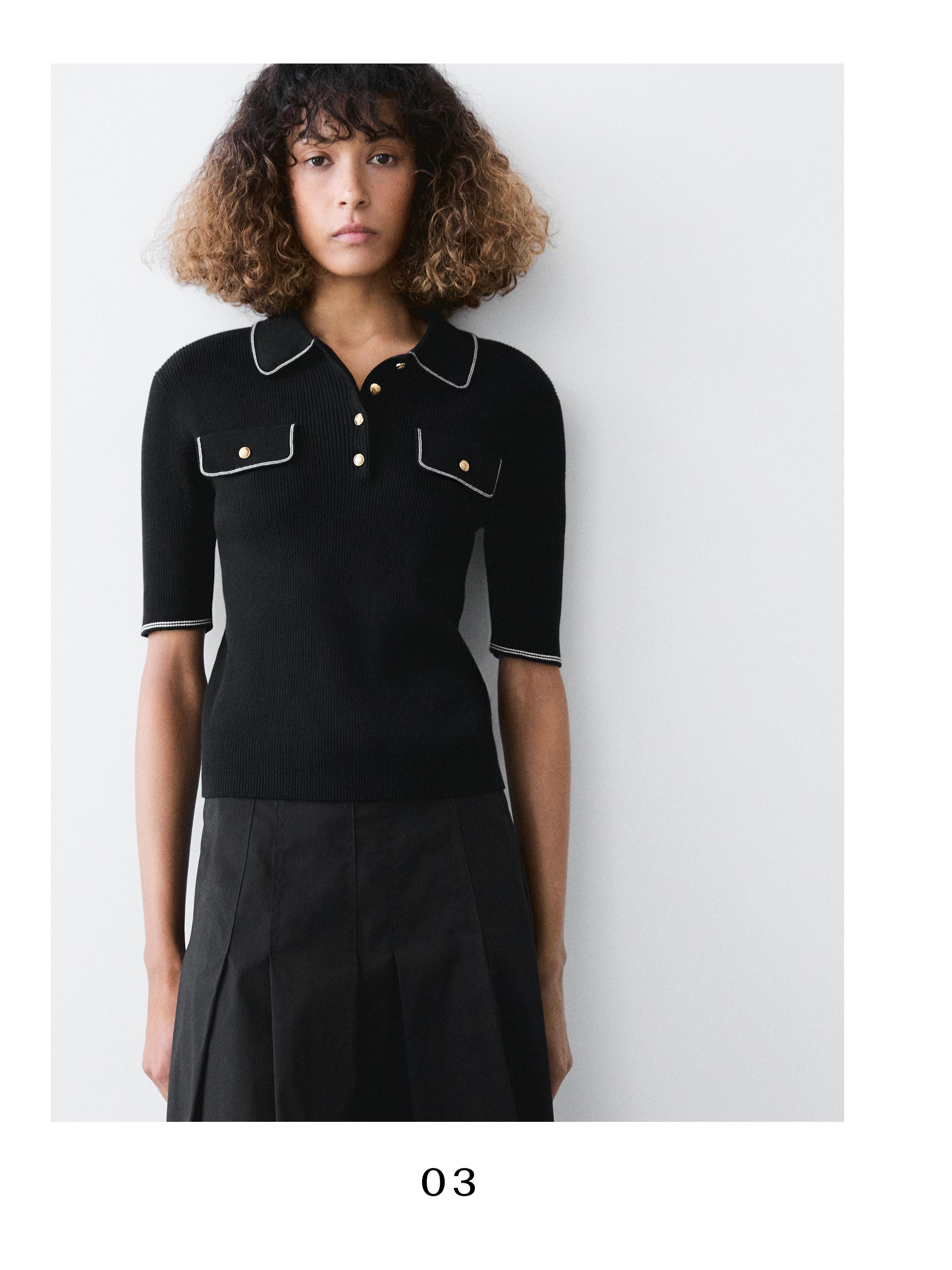 Cotton knit polo shirt with contrast detail — BLACK