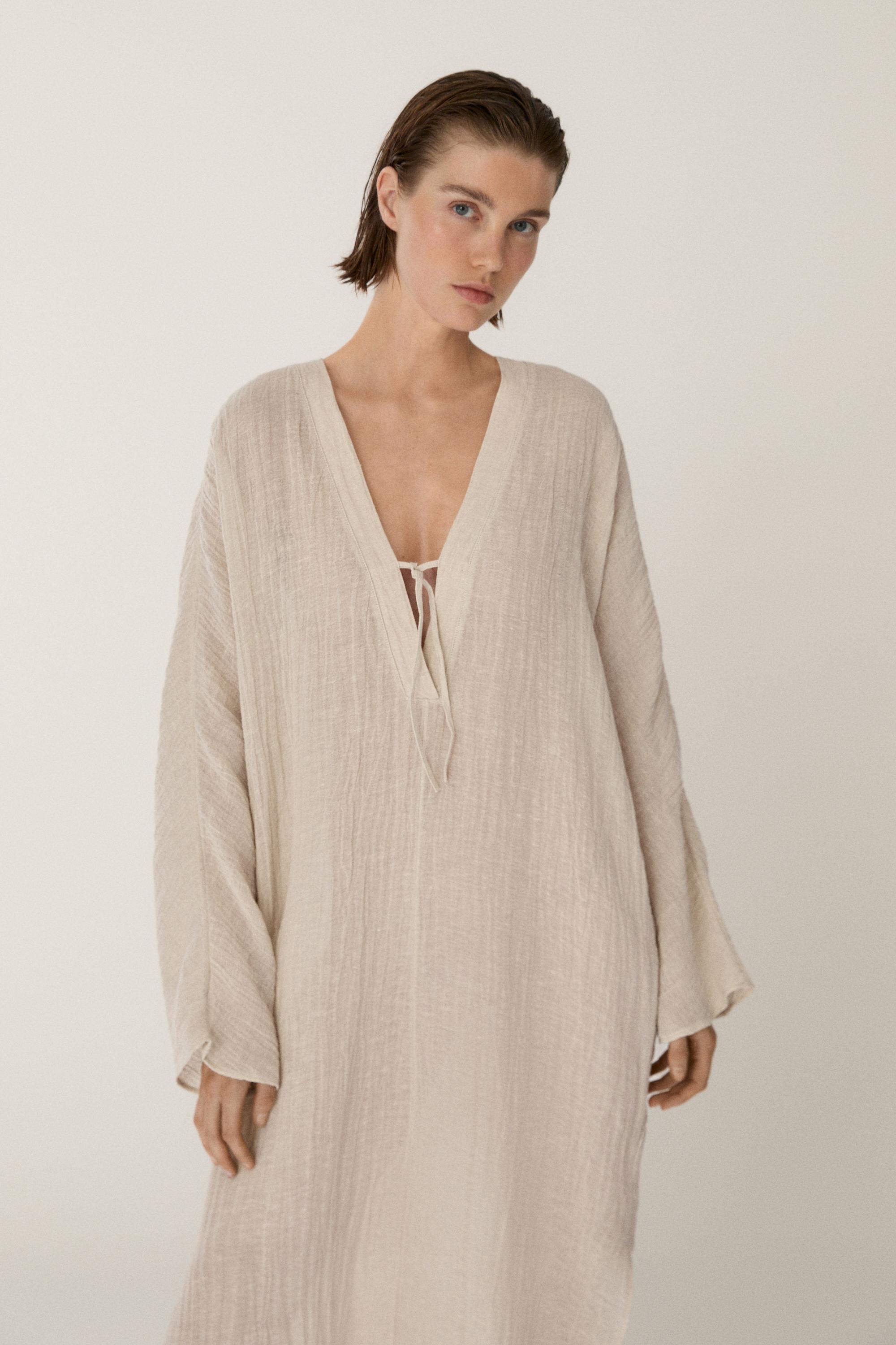 Linen blend kaftan dress with tied neckline — Off white