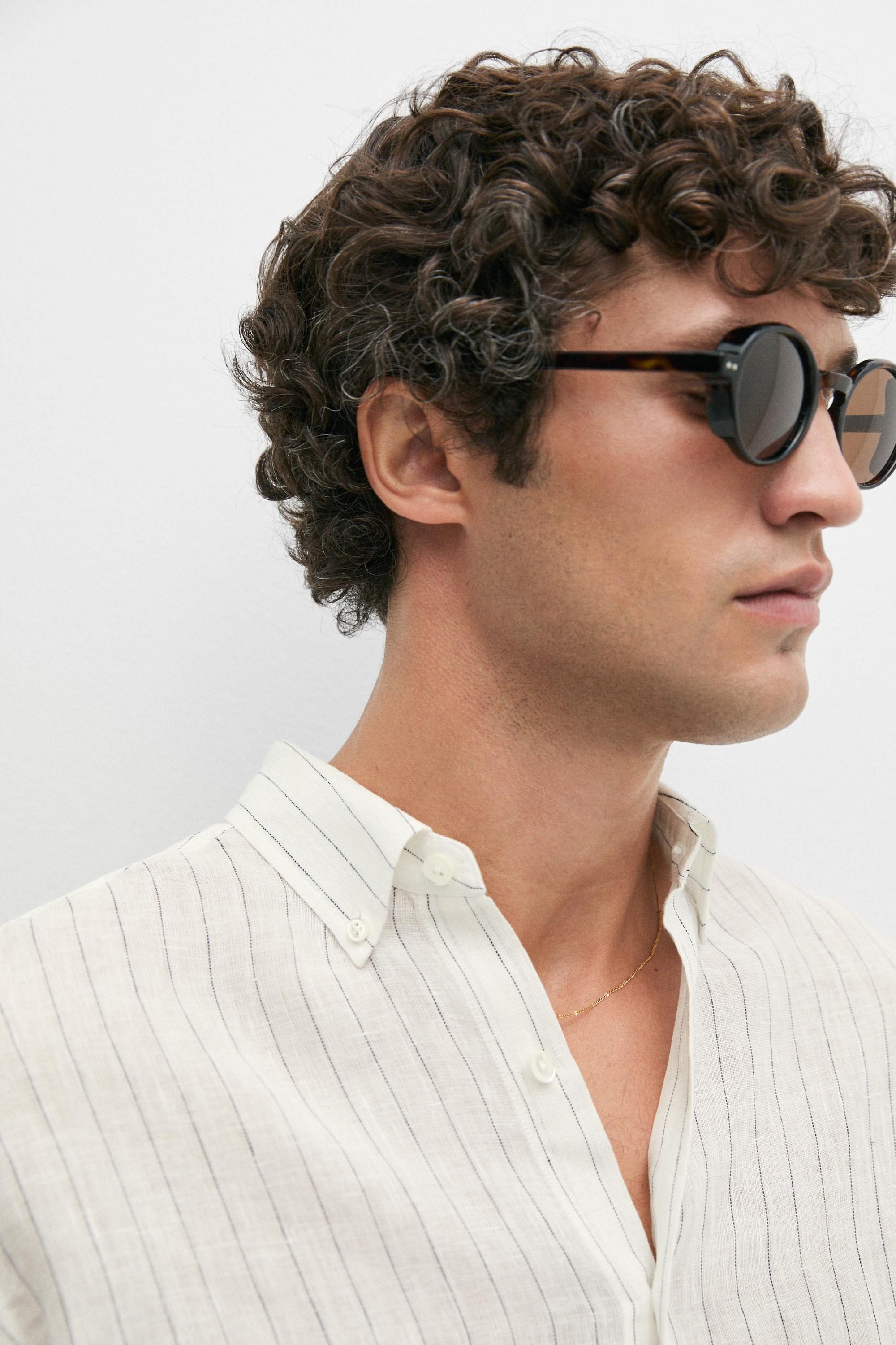 100% linen regular fit striped shirt — CREAM