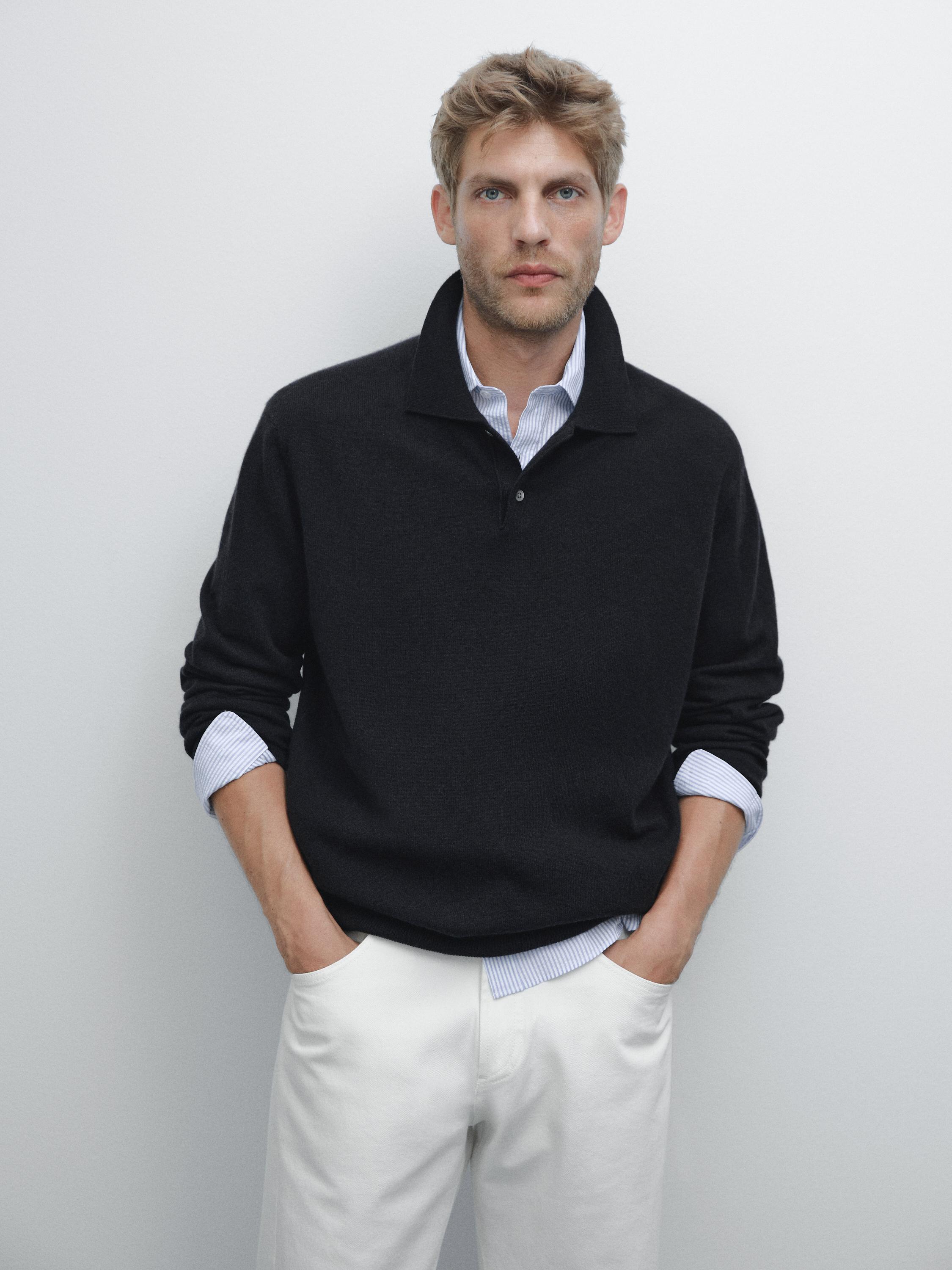 100% cashmere ribbed knit polo shirt