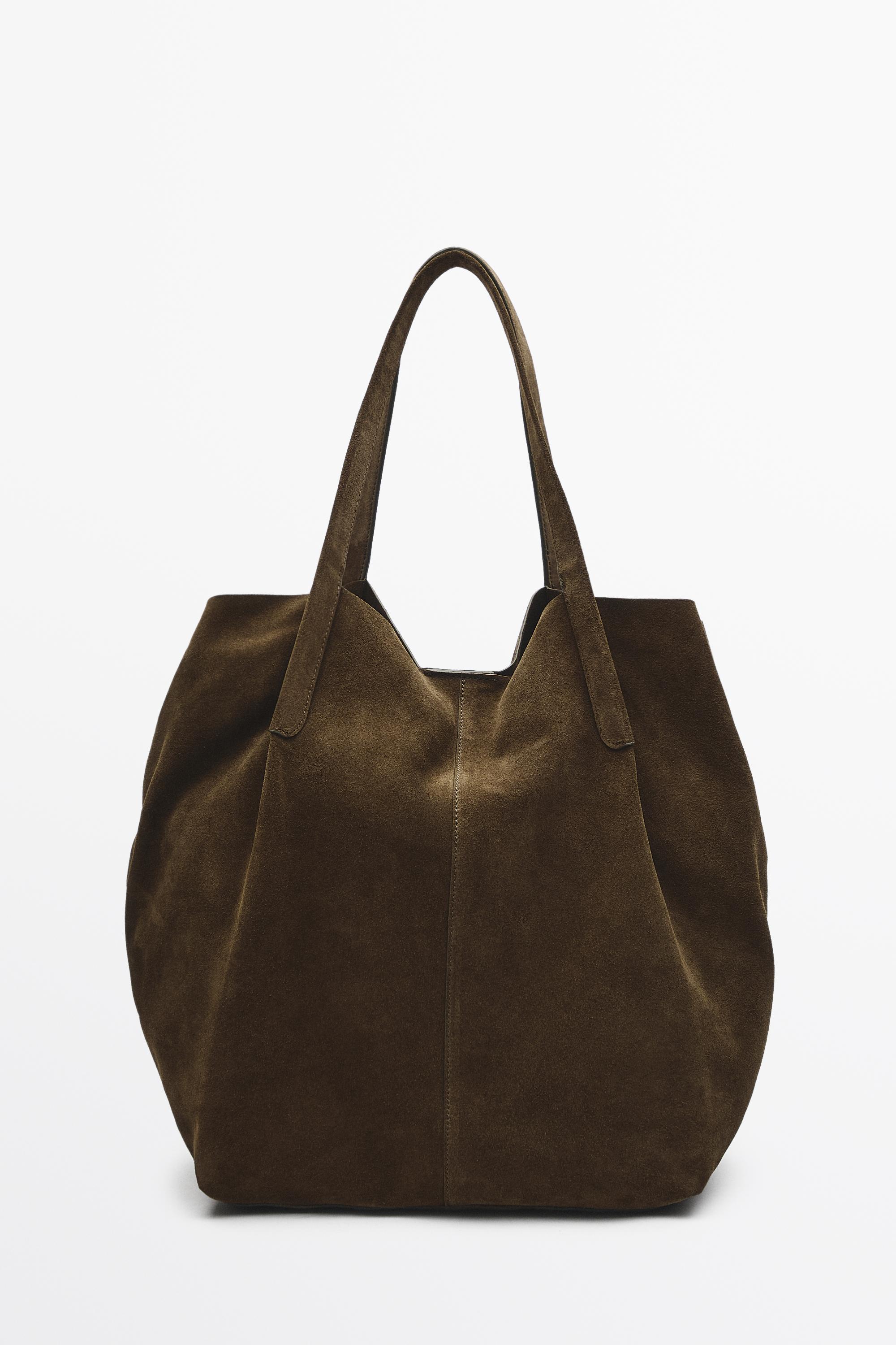 Split suede leather tote bag — KHAKI