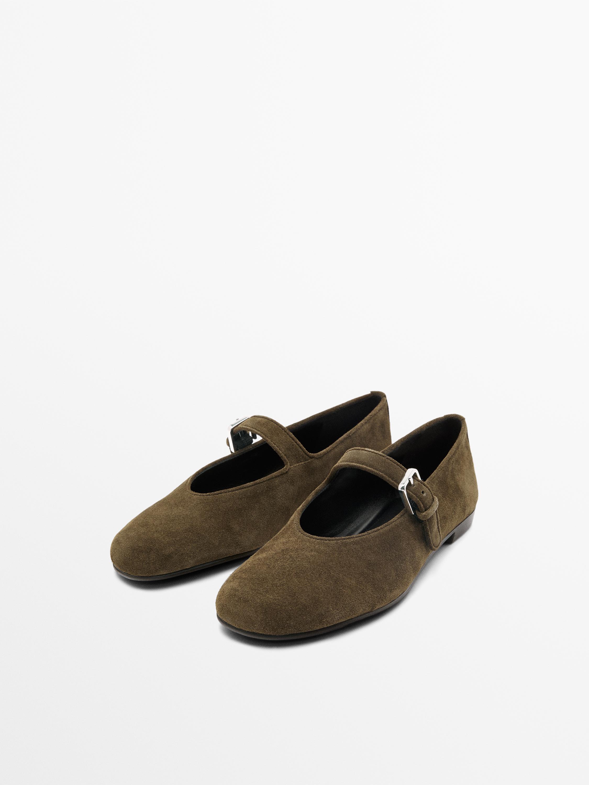 Split leather ballet flats — KHAKI