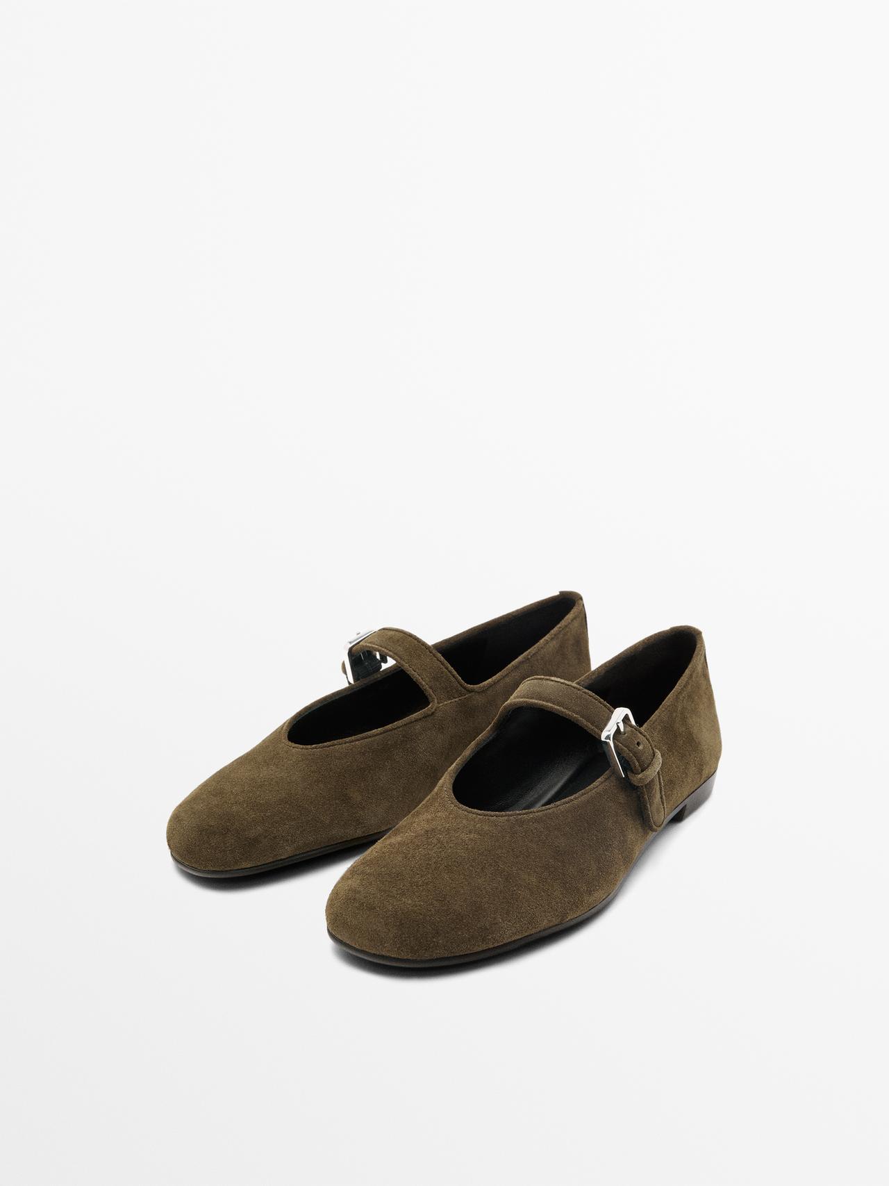 Split leather ballet flats — KHAKI
