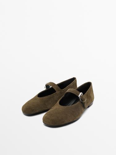Split leather ballet flats — KHAKI 4