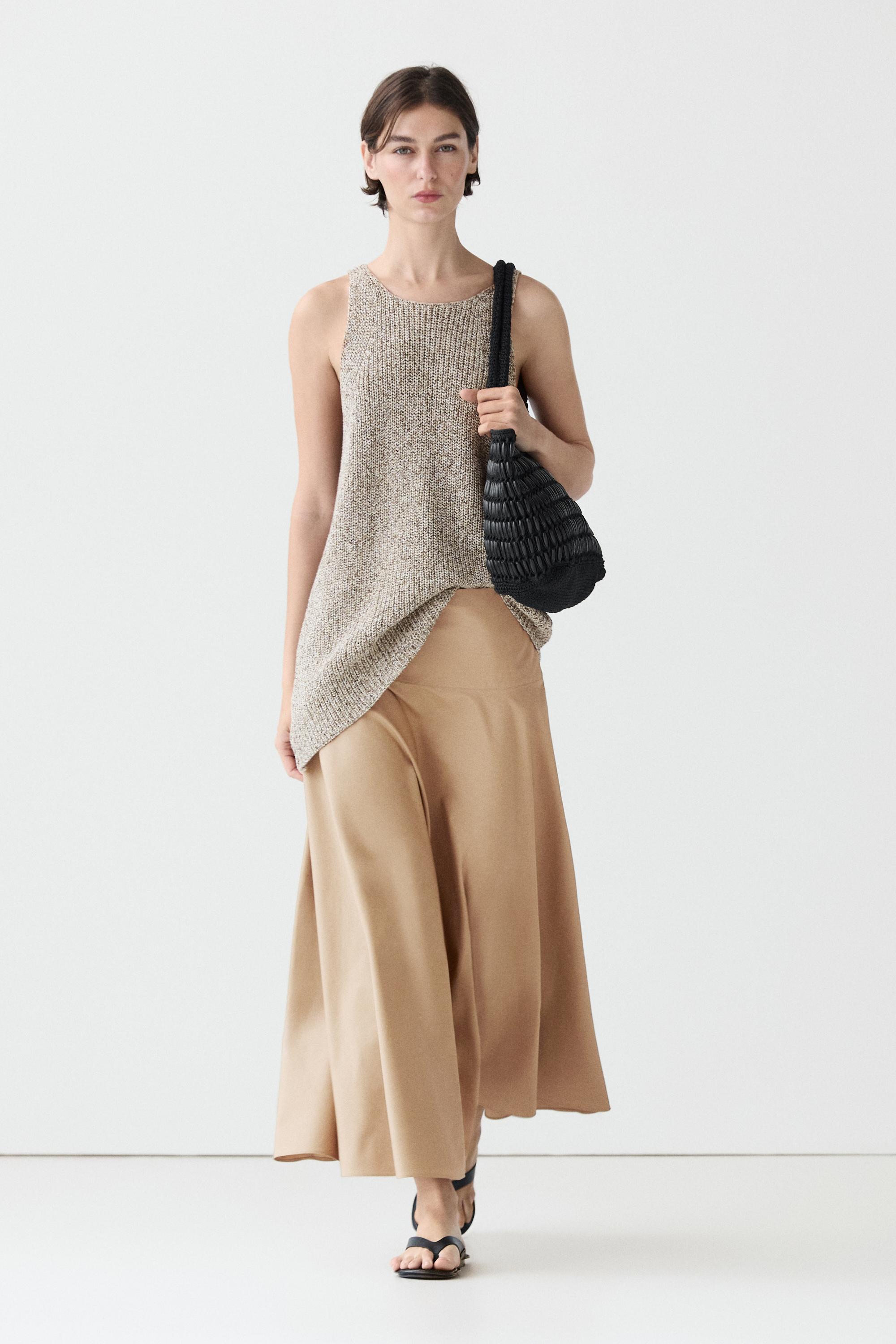 Flounce midi skirt with yoke detail — CAMEL