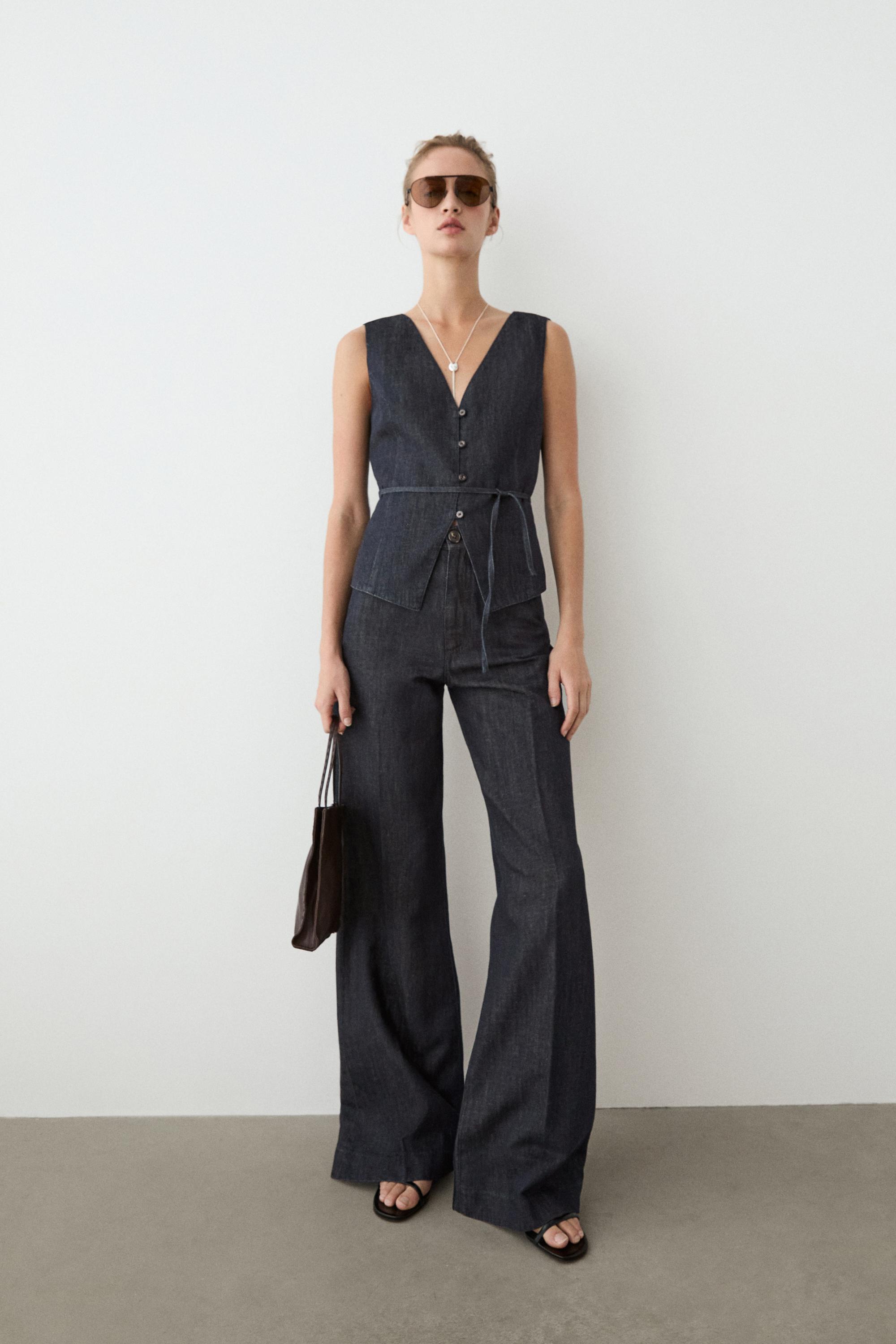 High-waist palazzo denim pants co-ord — DARK BLUE