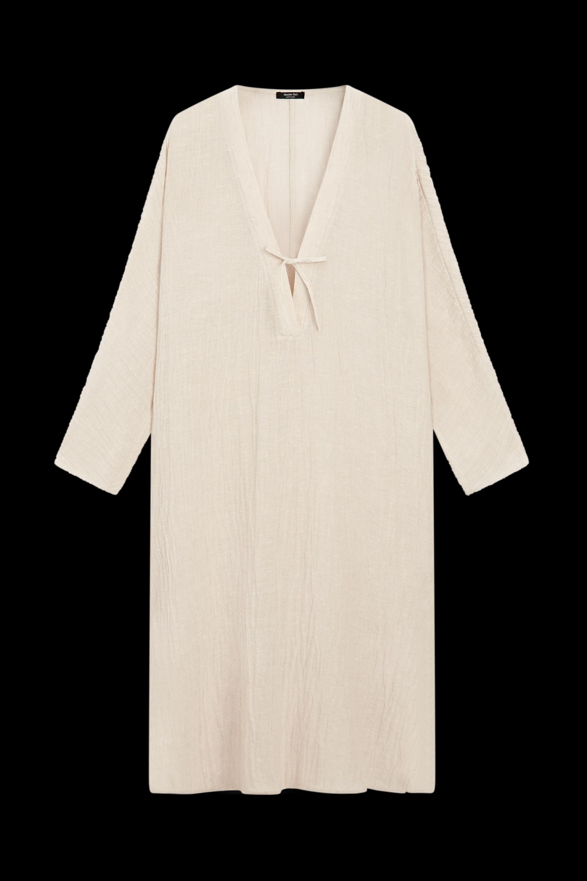 Linen blend kaftan dress with tied neckline — Off white