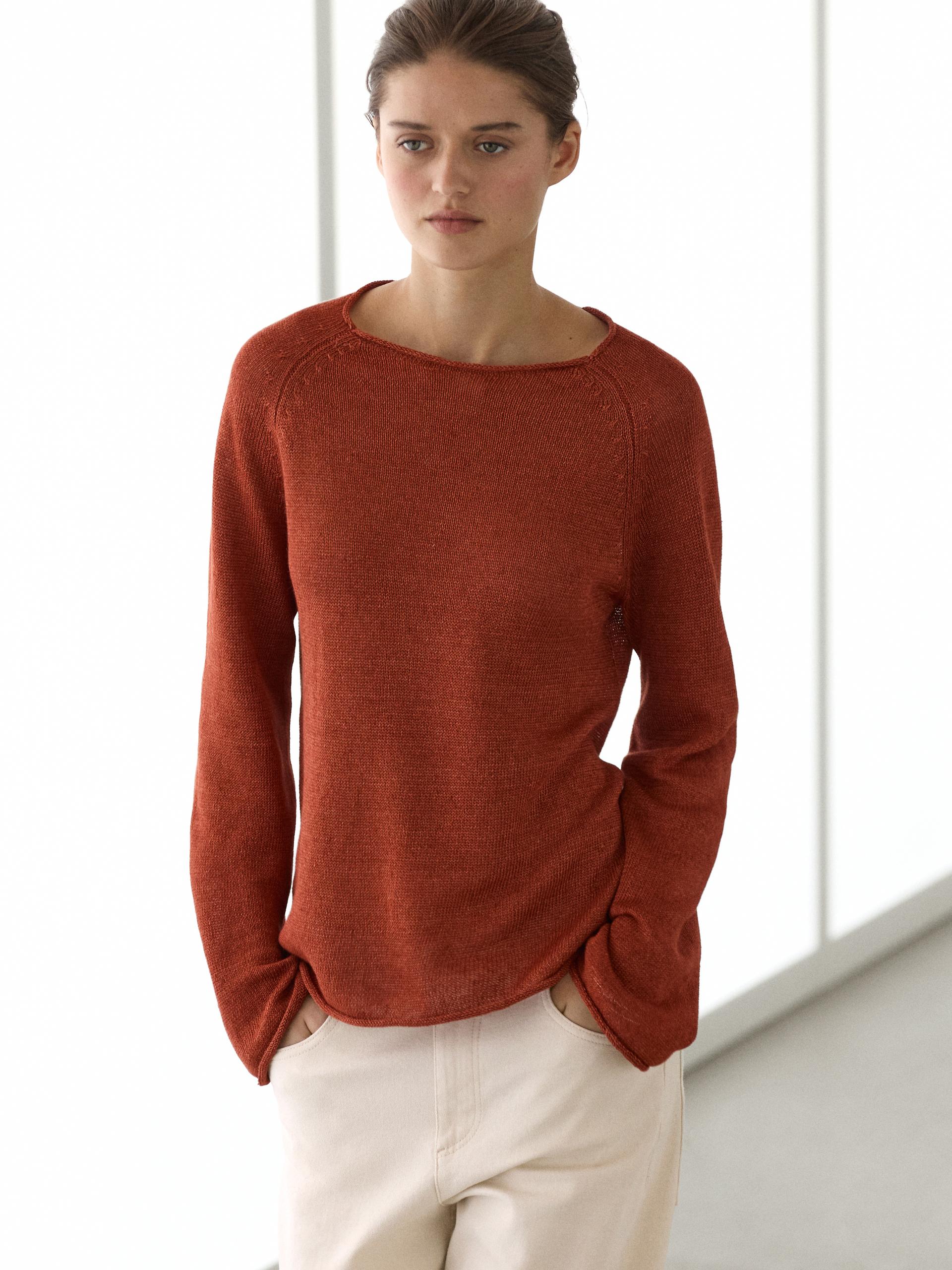 Pull En Maille Col Rond En Lin - Orange Brulé - M - Massimo Dutti - Femme