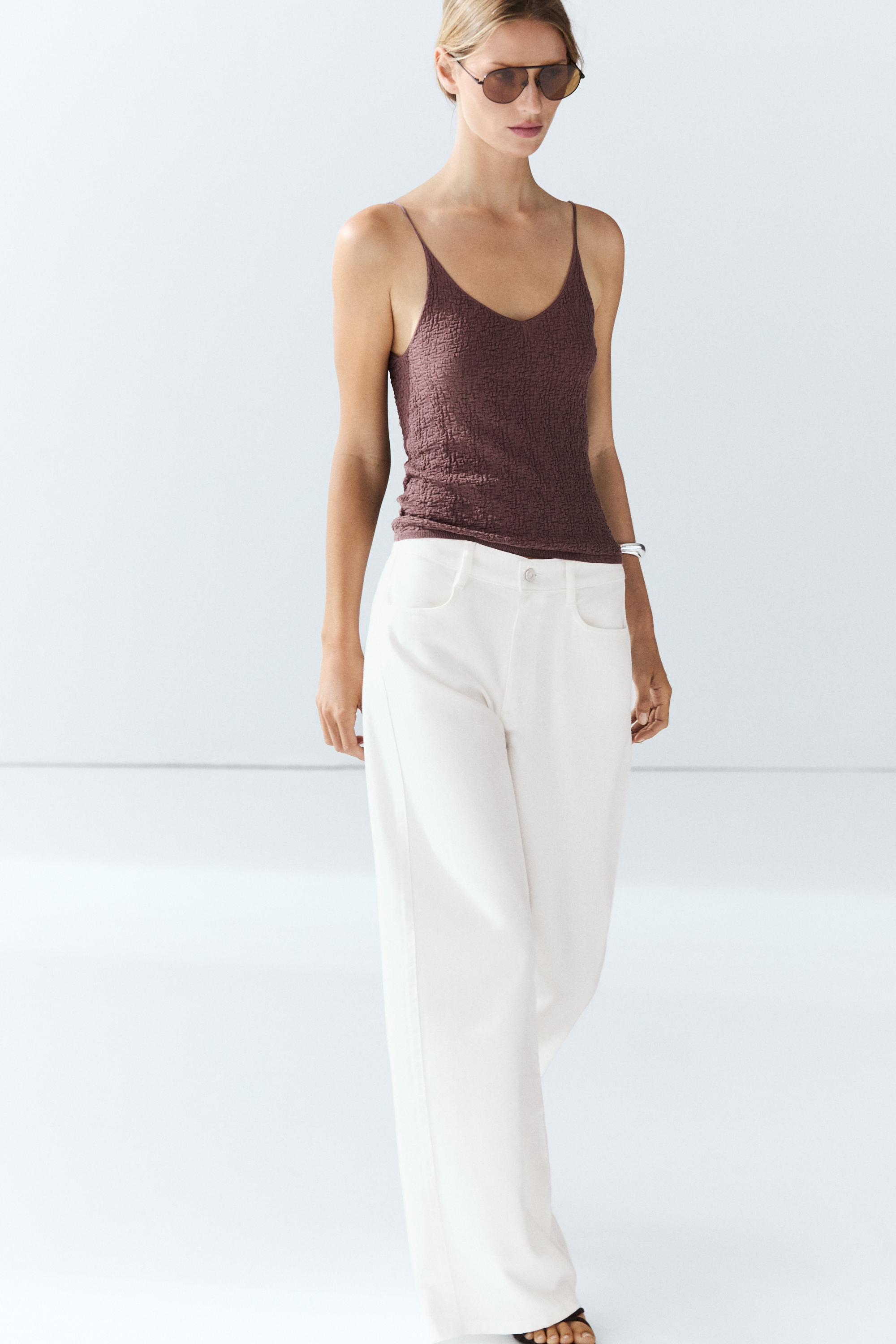 100% cotton textured strappy top — PINK MARL