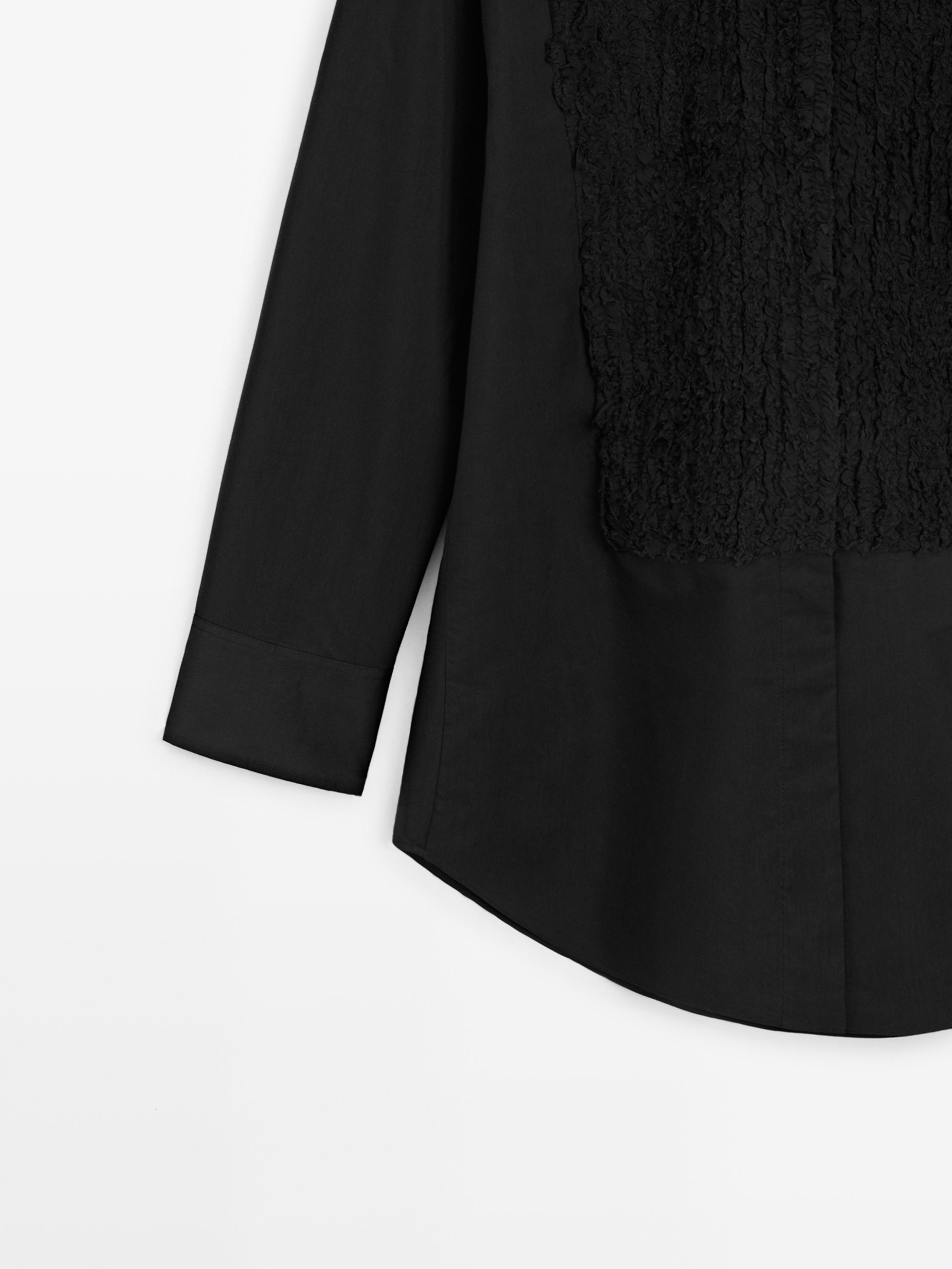 Bib front shirt with embroidered detail — BLACK
