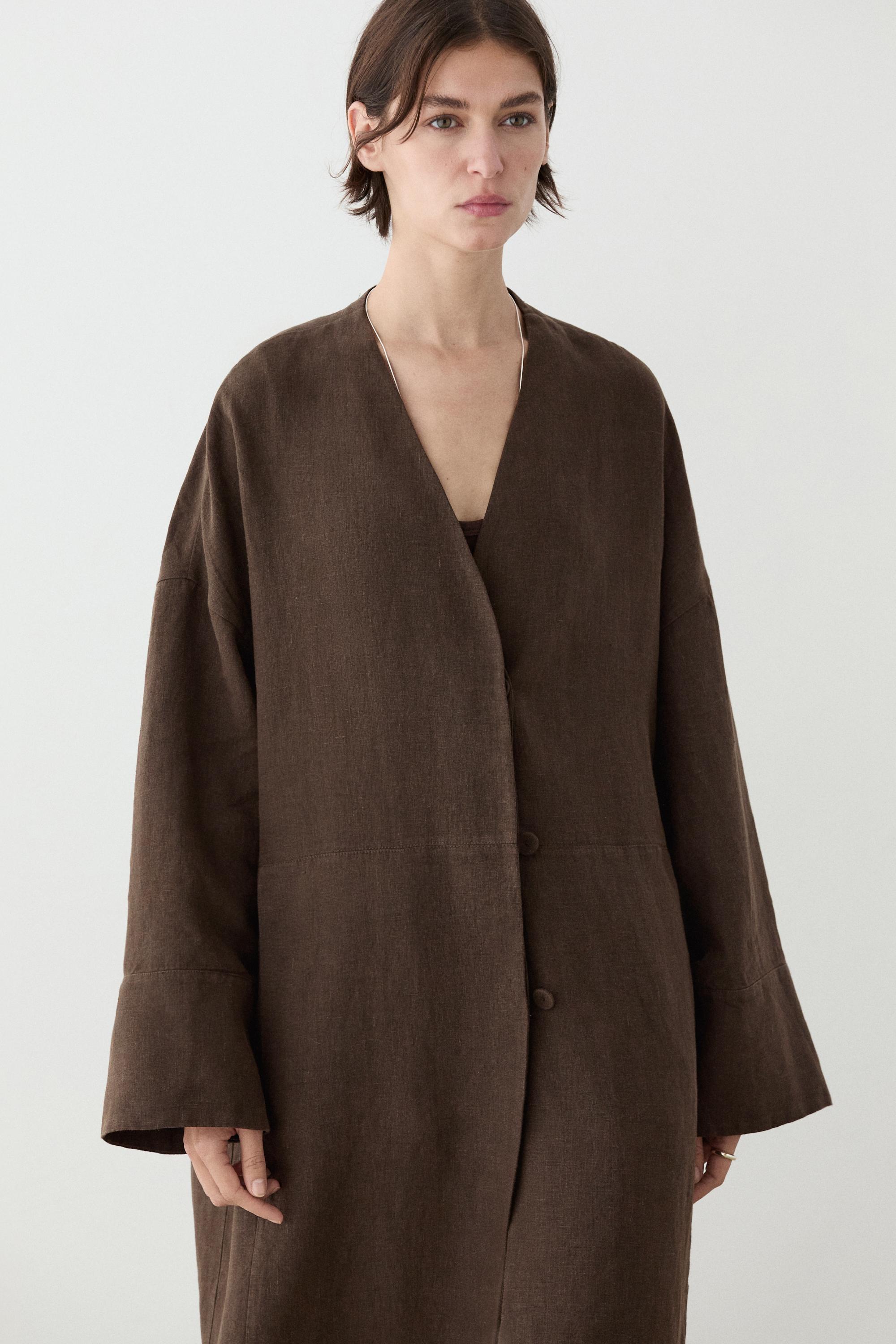 100% linen double-breasted coat with no collar — BROWN