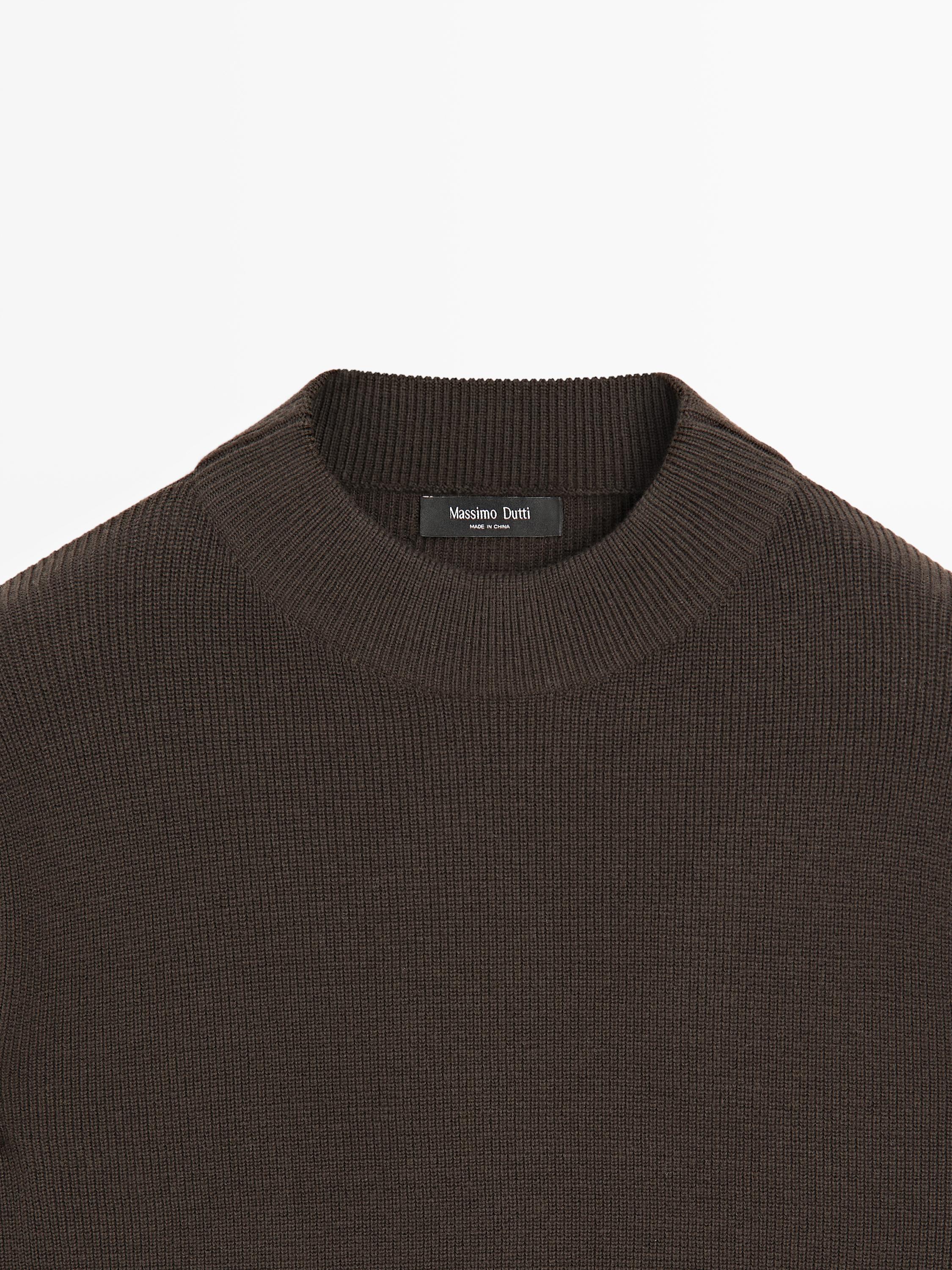 Cotton blend knit sweater with mock turtleneck — BROWN MARL