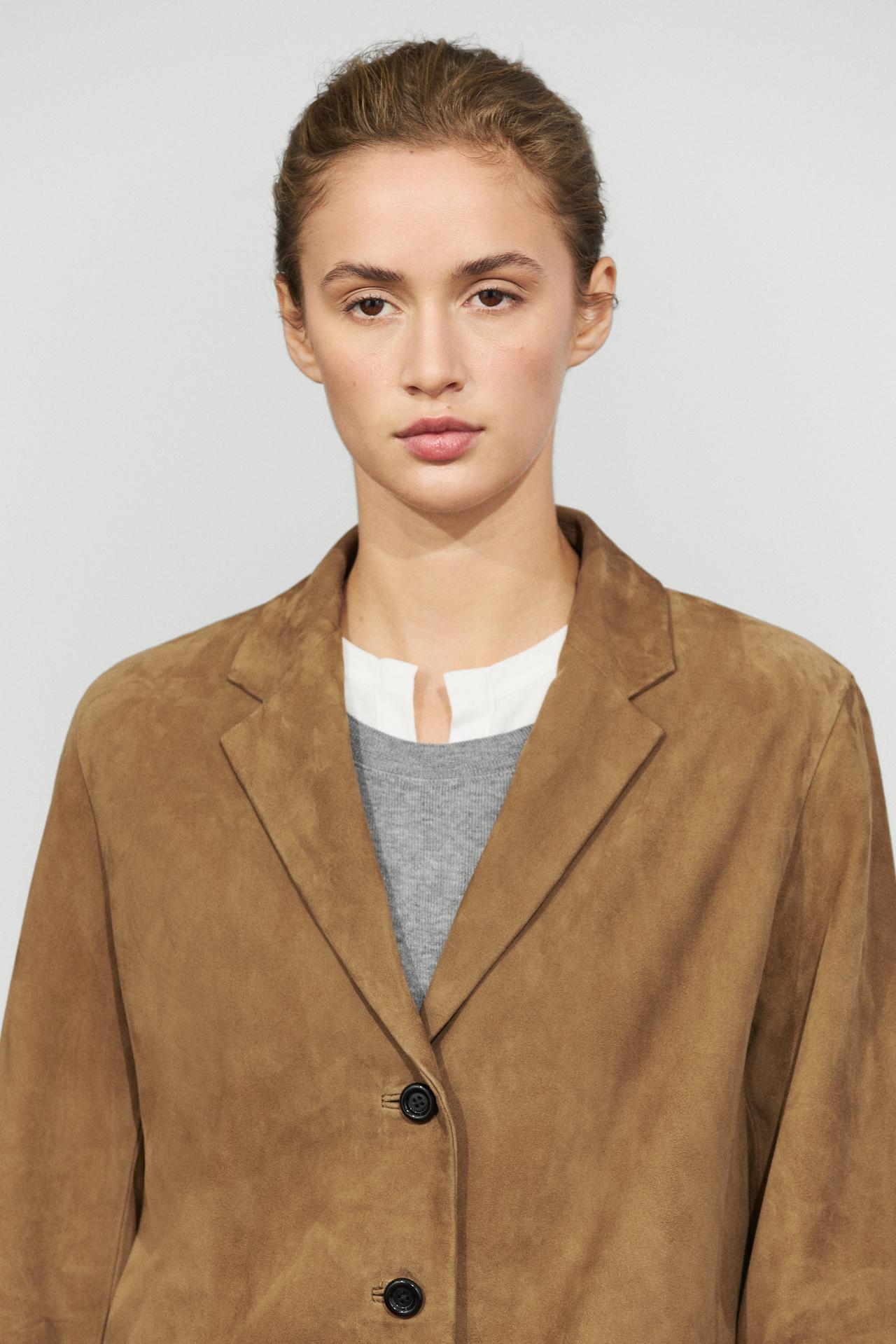 Suede leather blazer with lapel — SAND