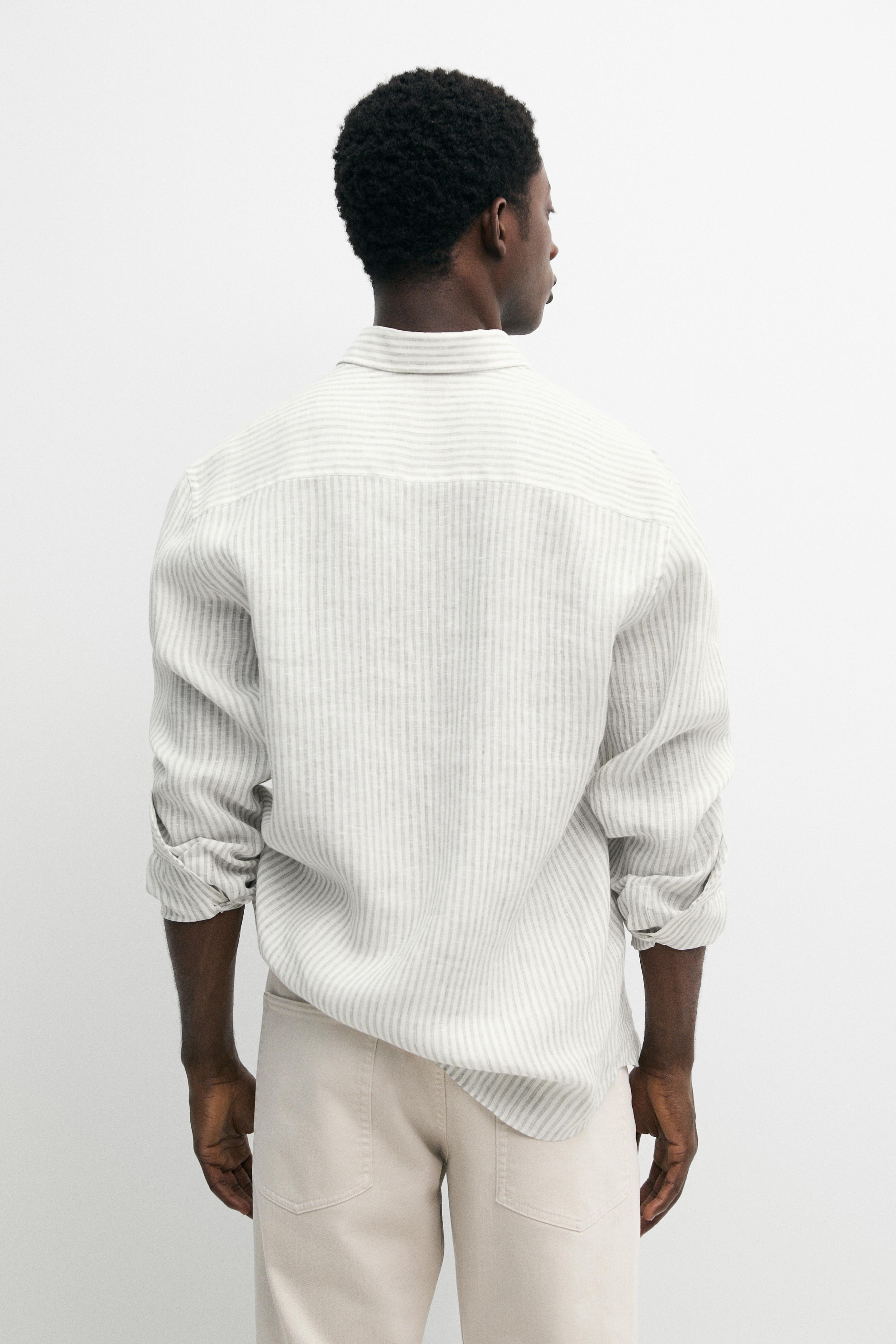 100% linen pinstriped slim fit shirt — GREEN