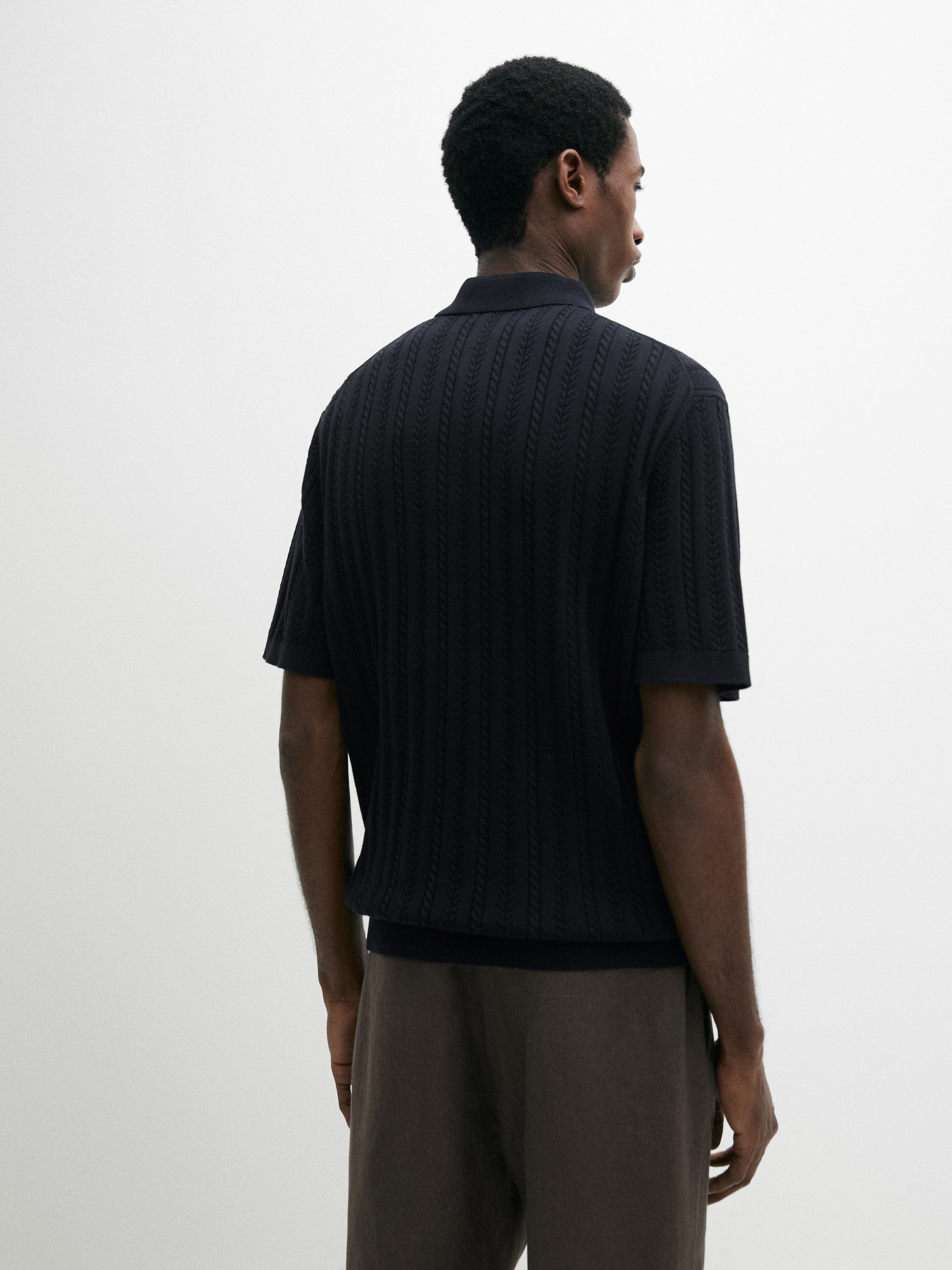 Cotton blend cable-knit polo sweater — NAVY BLUE
